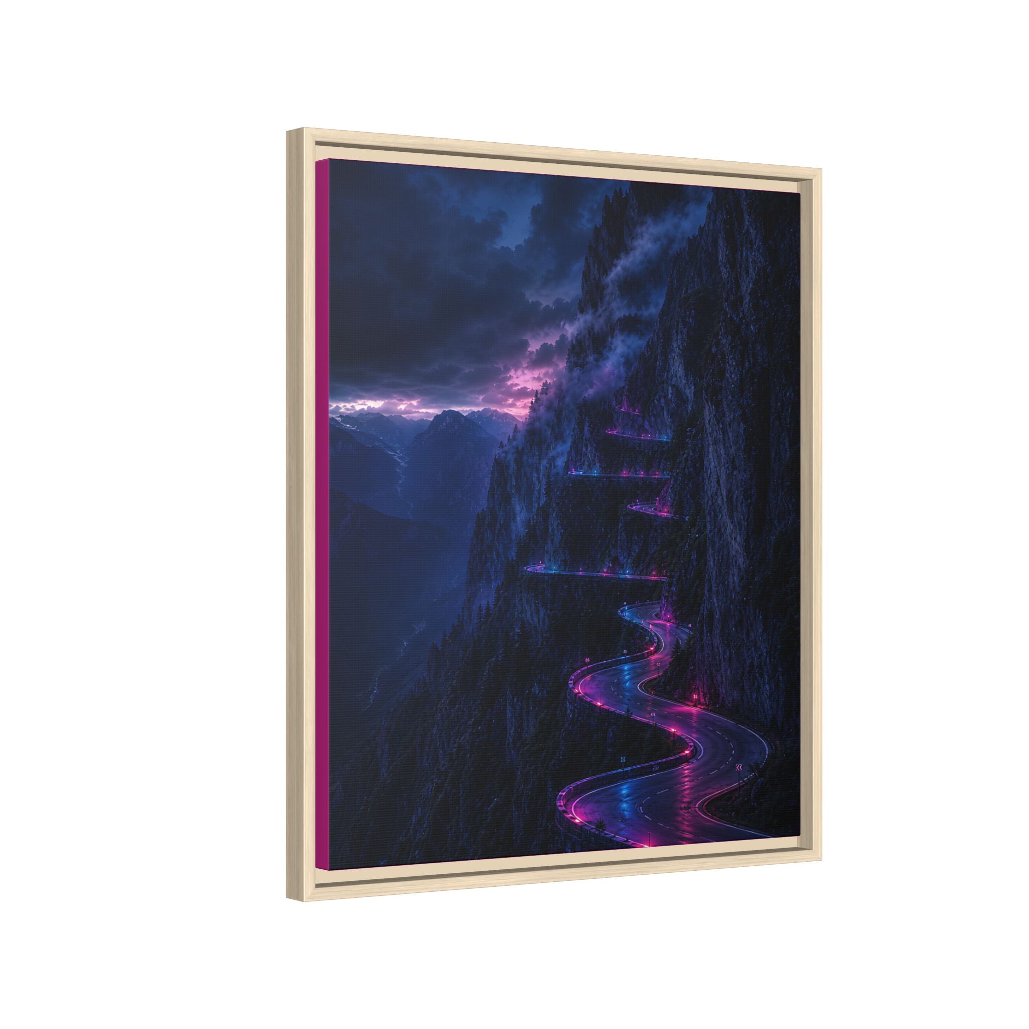 Neon Mountain Road Matte Canvas Print — Framed Nightscape Wall Art