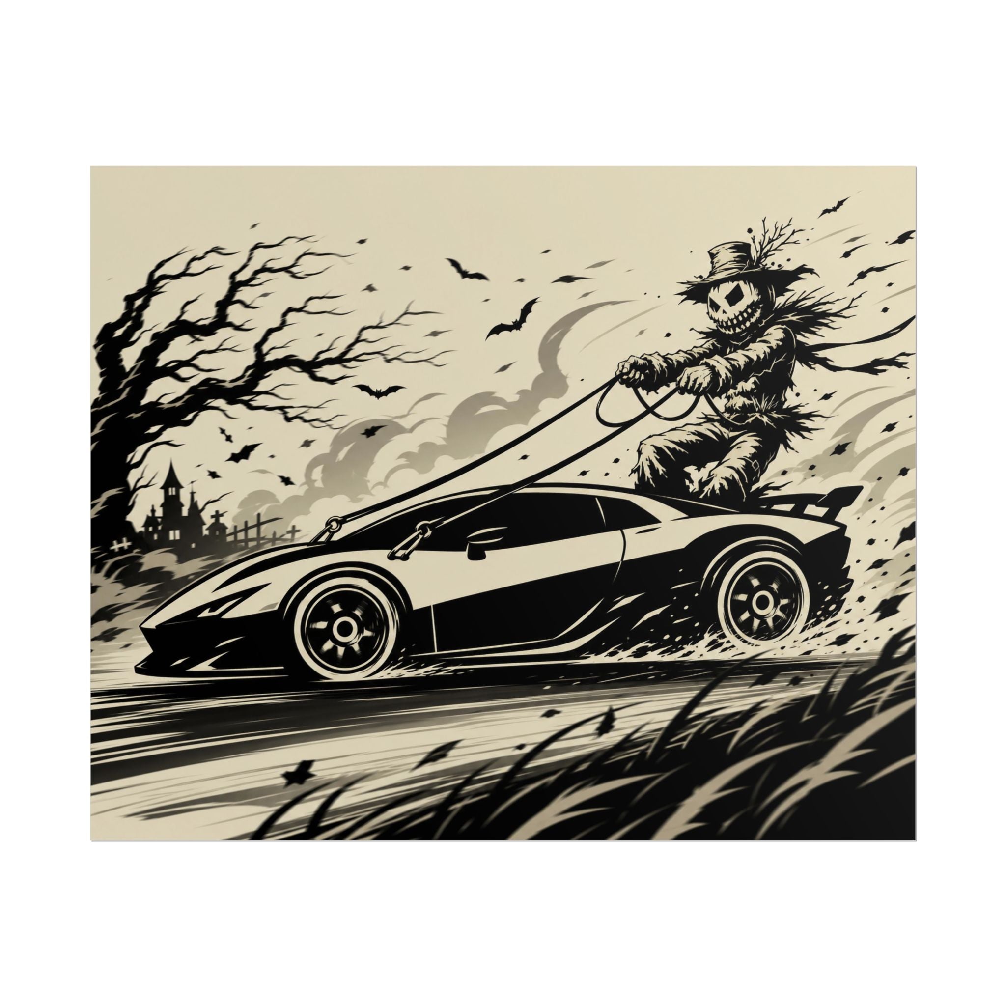Poster - Scarecrow Driving Sports Car Vintage Halloween Art Print