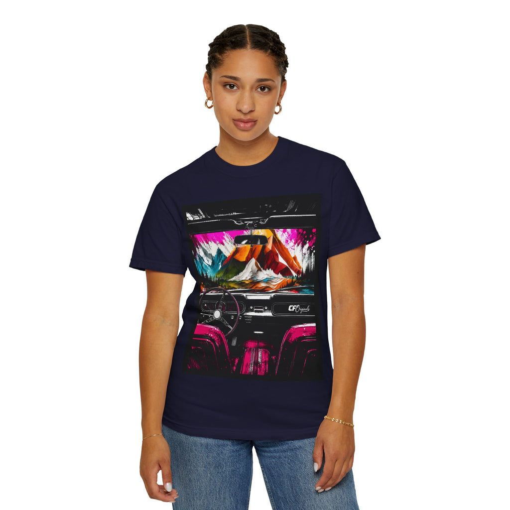 CarFits.store Big Prints T-Shirt — Retro Engine & Scenic Drive