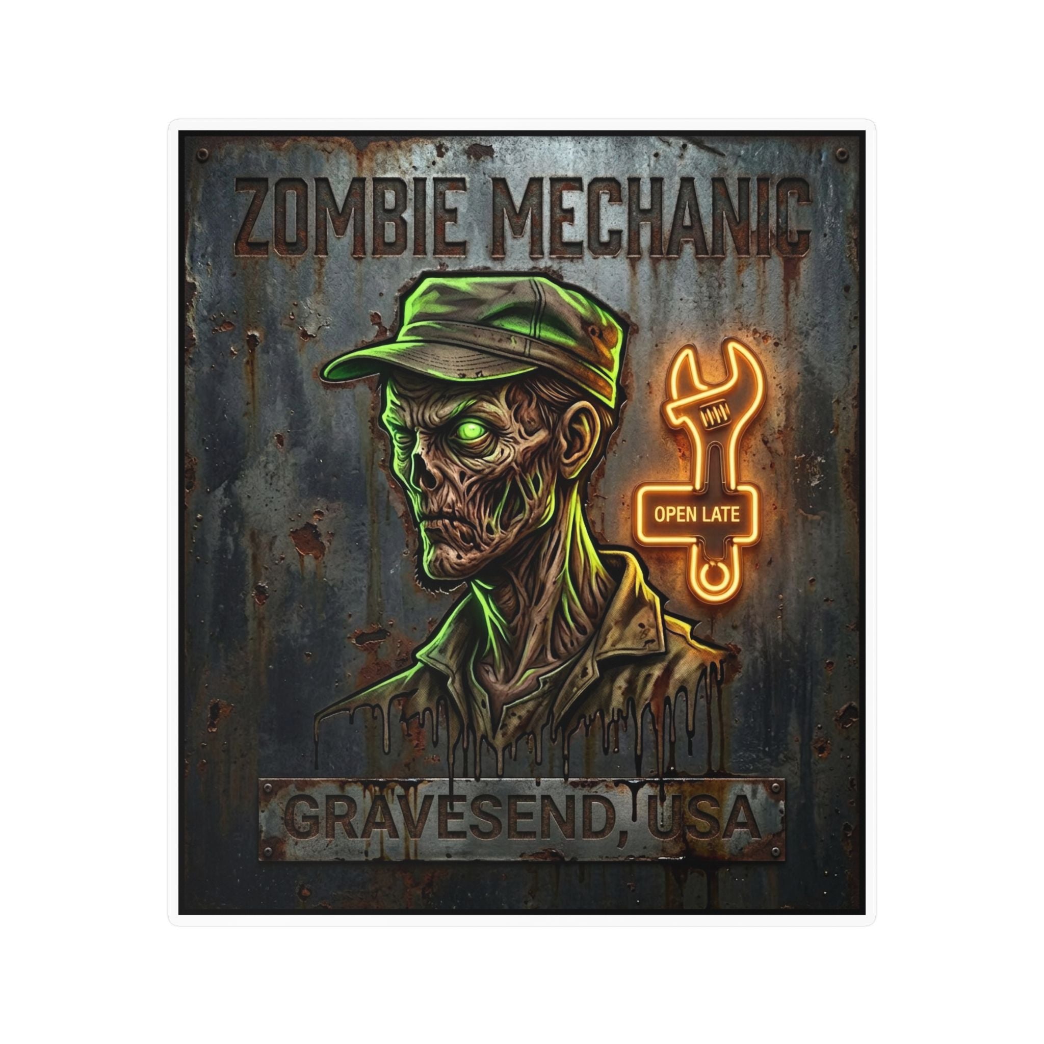 Zombie Mechanic Vinyl Decal — Horror Garage Sticker (Kiss-Cut)