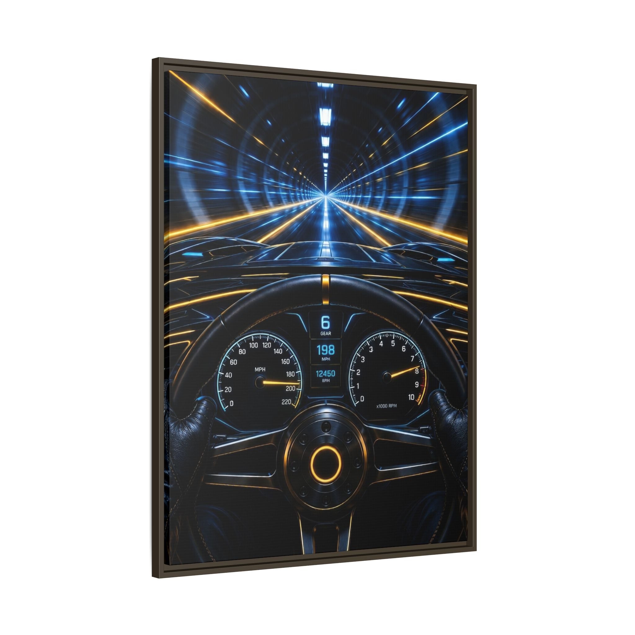 Tunnel Drive Framed Canvas Print — Retro Futuristic Car Dashboard Wall Art
