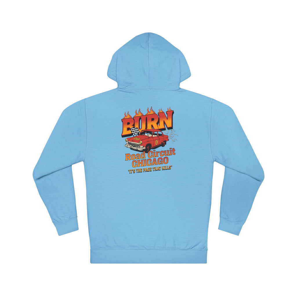 Chicago Road Circuit Hoodie — 'Burn' Flaming Race Car Retro Graphic Sweatshirt