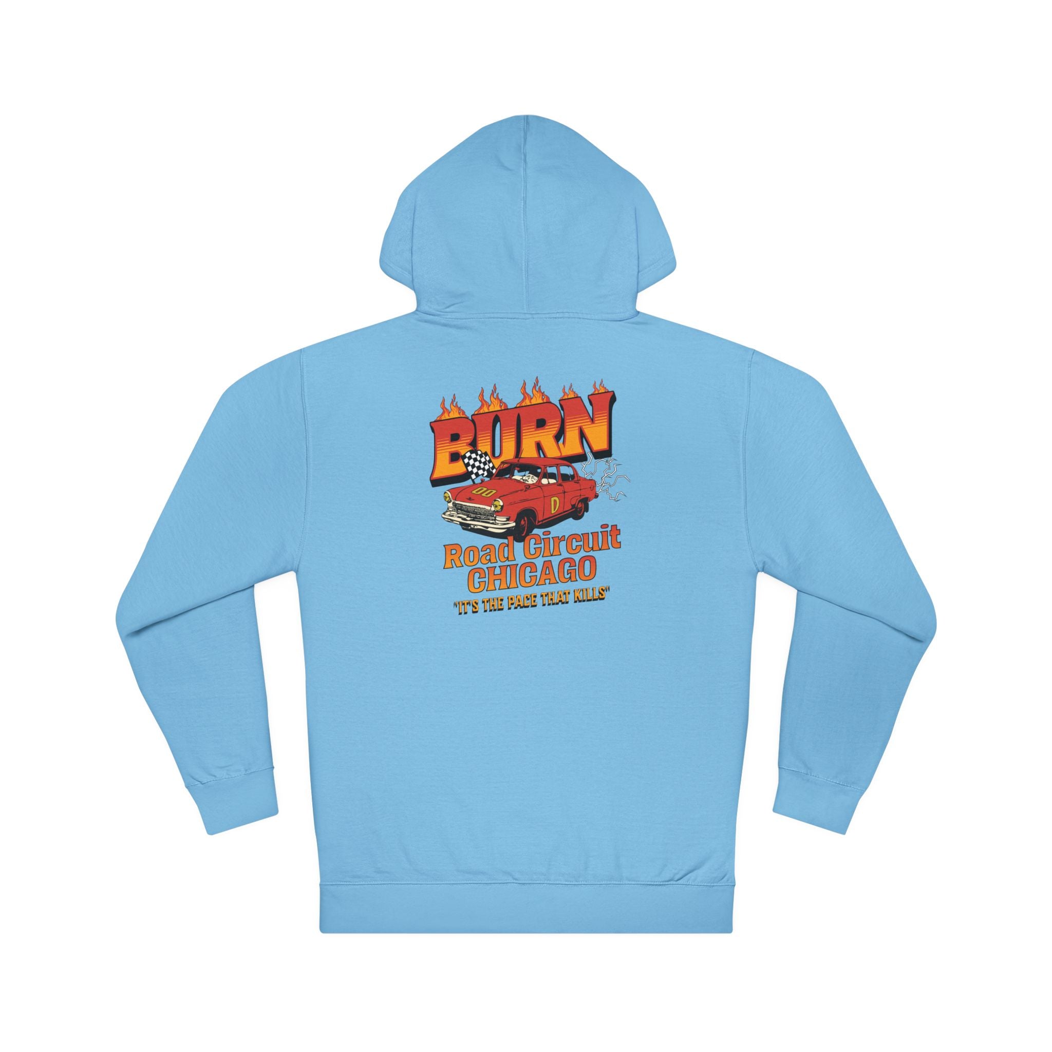 Chicago Road Circuit Hoodie — 'Burn' Flaming Race Car Retro Graphic Sweatshirt
