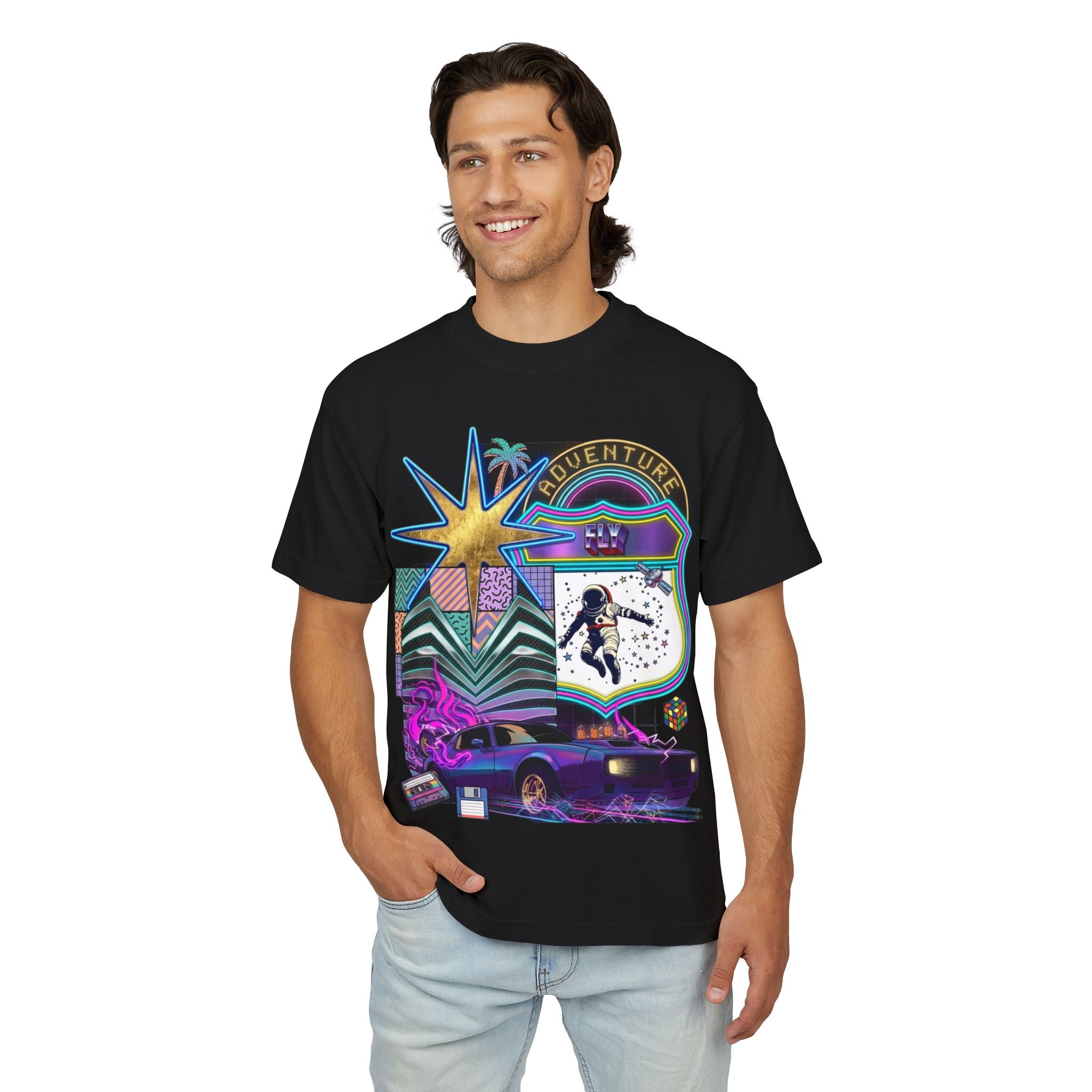 Retro Neon Adventure T-Shirt — 80s Vaporwave Car & Skate Graphic