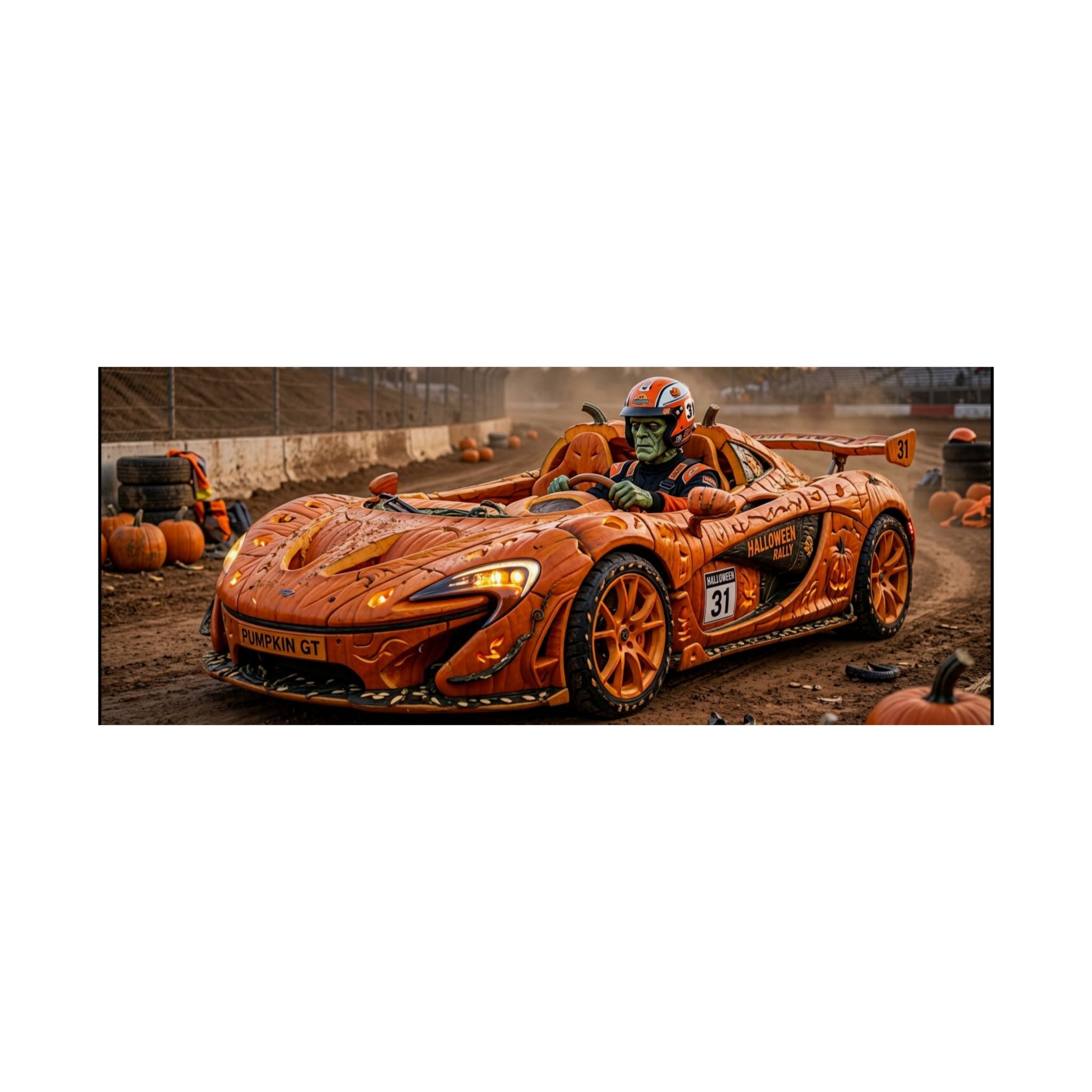 Halloween Race Car Poster — Orange Pumpkin Sports Car Matte Horizontal Print