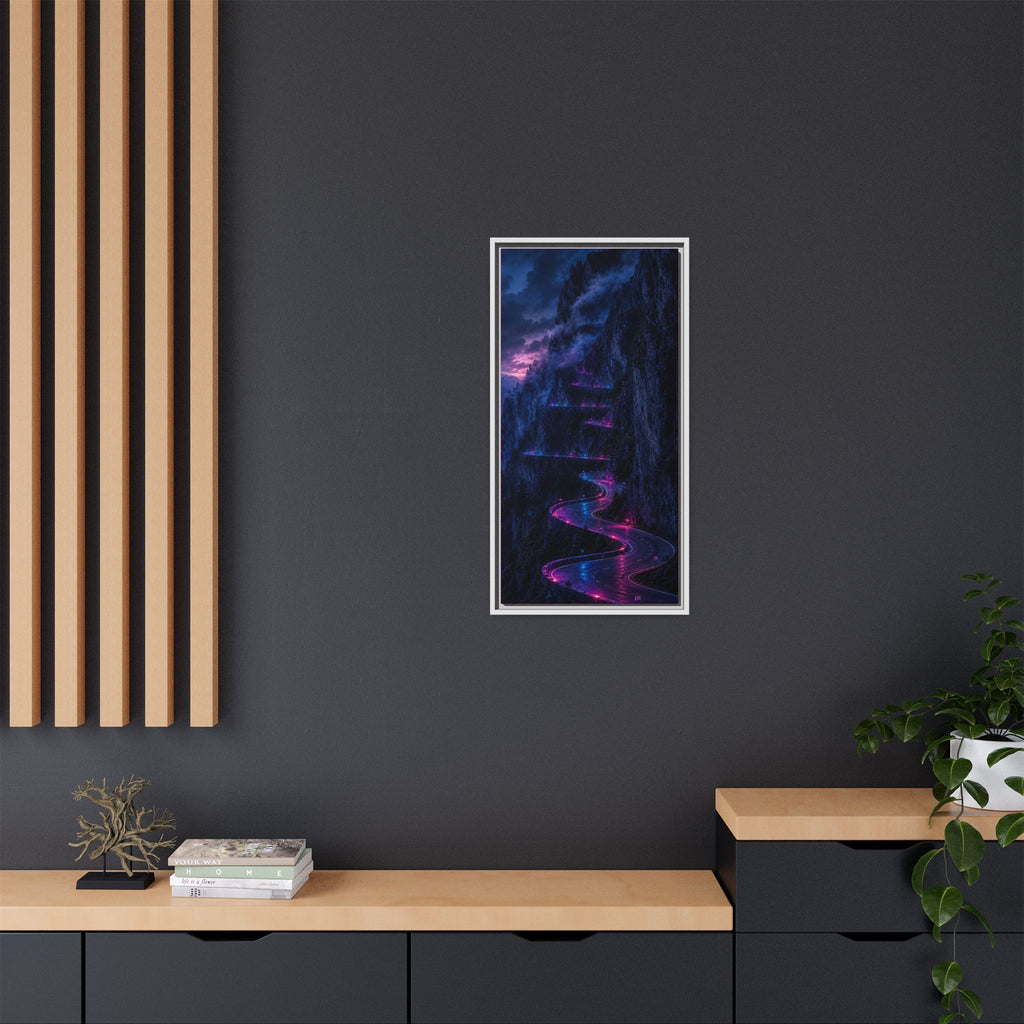 Neon Mountain Road Matte Canvas Print — Framed Nightscape Wall Art