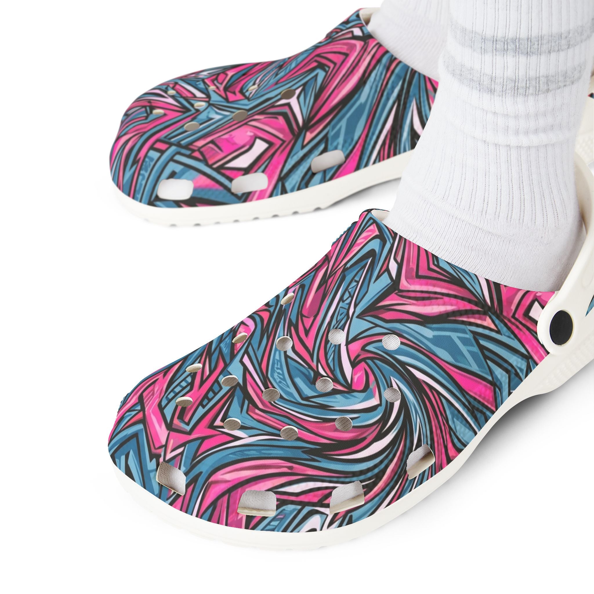 Pink & Teal Abstract Mosaic EVA Clogs — Patterned Slip-On Foam Shoes