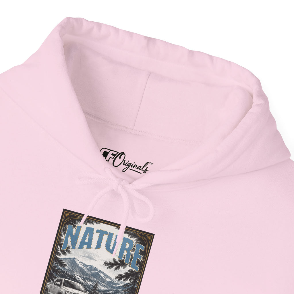 Nature Is Calling Hoodie — Scenic Mountain Graphic Hooded Sweatshirt with Sleeve Paisley Art