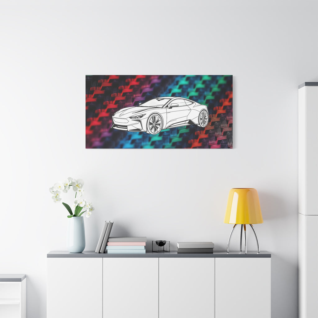 Modern Sports Car Canvas Wall Art – White Line Drawing on Rainbow Carbon Fiber Background