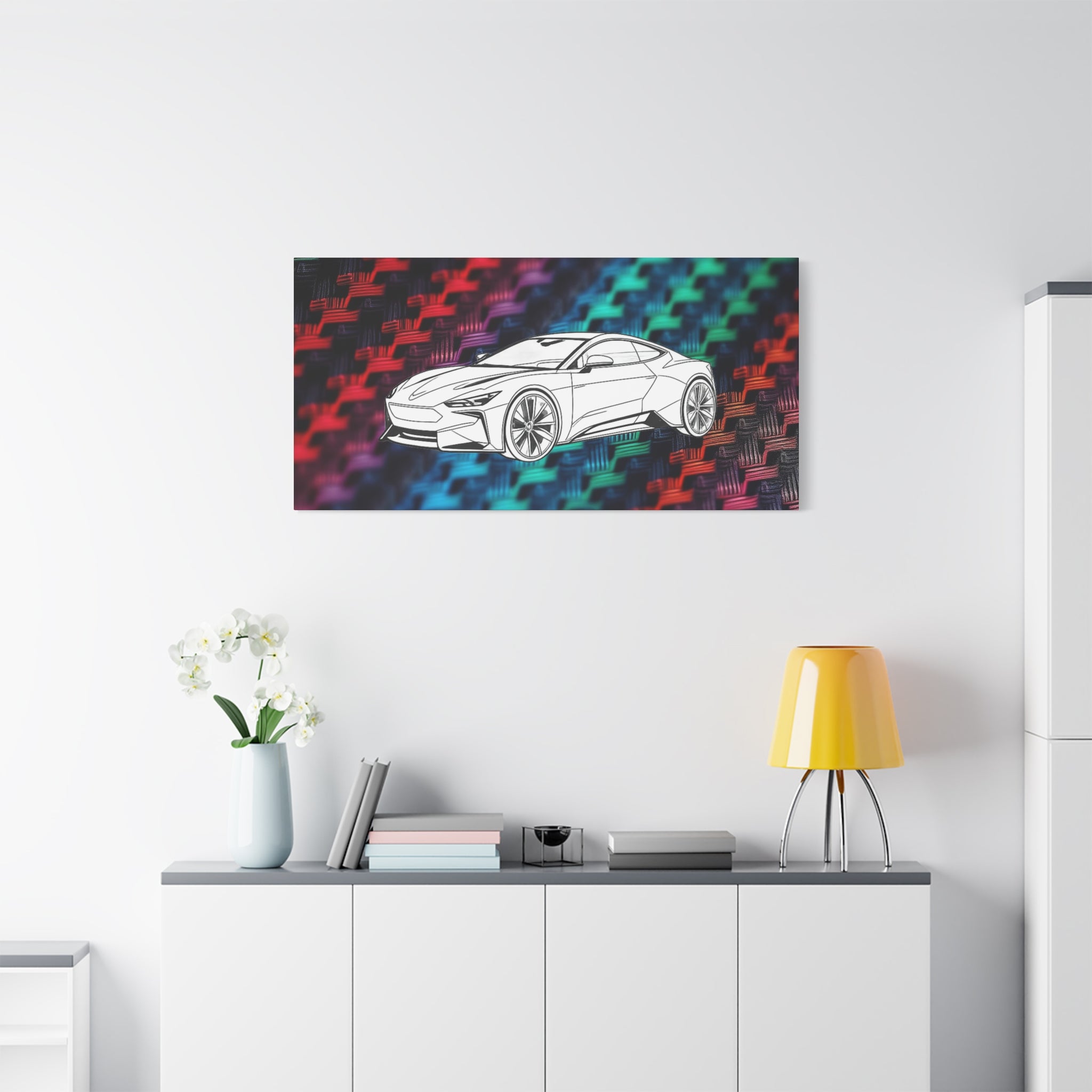 Modern Sports Car Canvas Wall Art – White Line Drawing on Rainbow Carbon Fiber Background