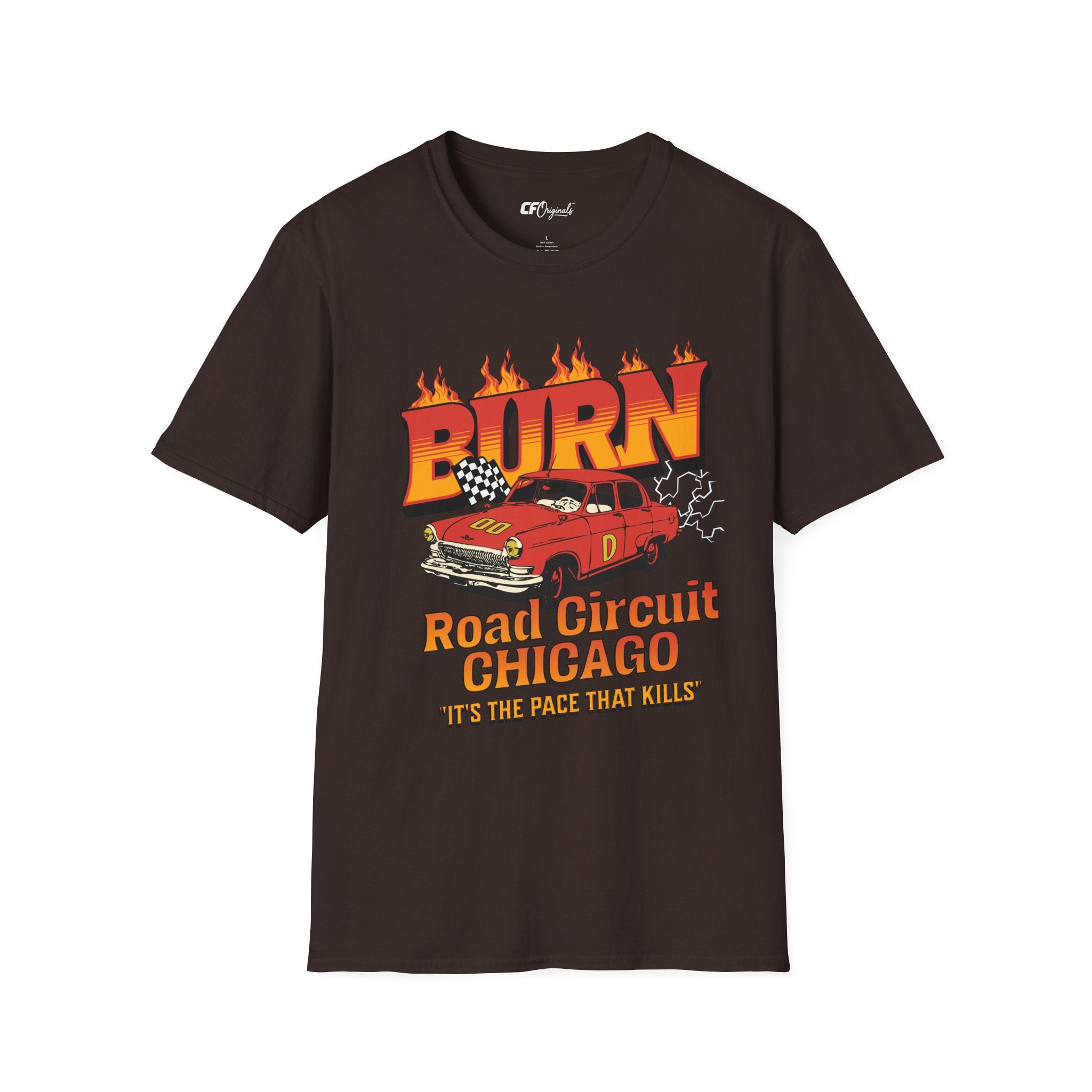 Racing 'BURN' Graphic Tee — Retro Flaming Racecar Chicago Track Shirt