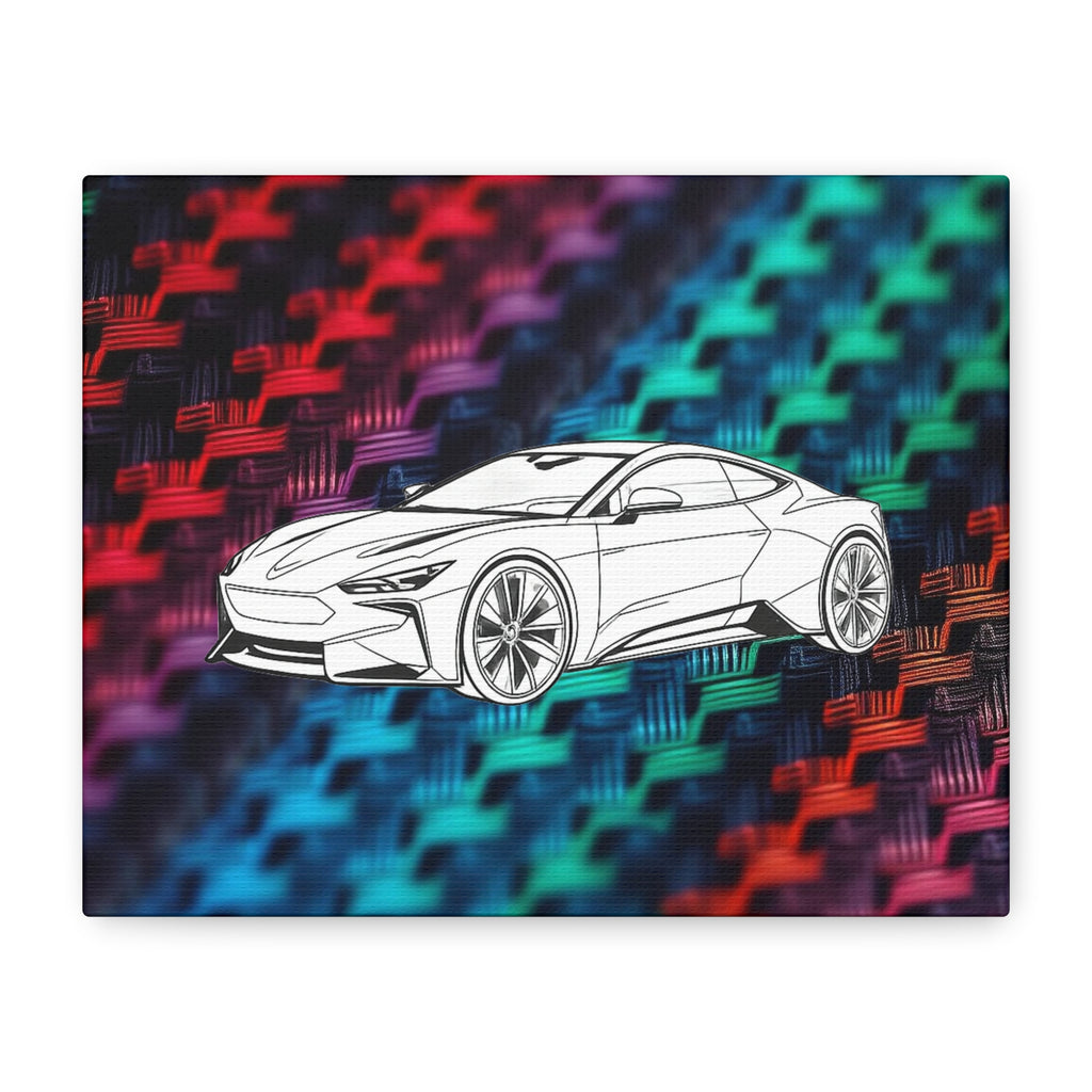 Modern Sports Car Canvas Wall Art – White Line Drawing on Rainbow Carbon Fiber Background