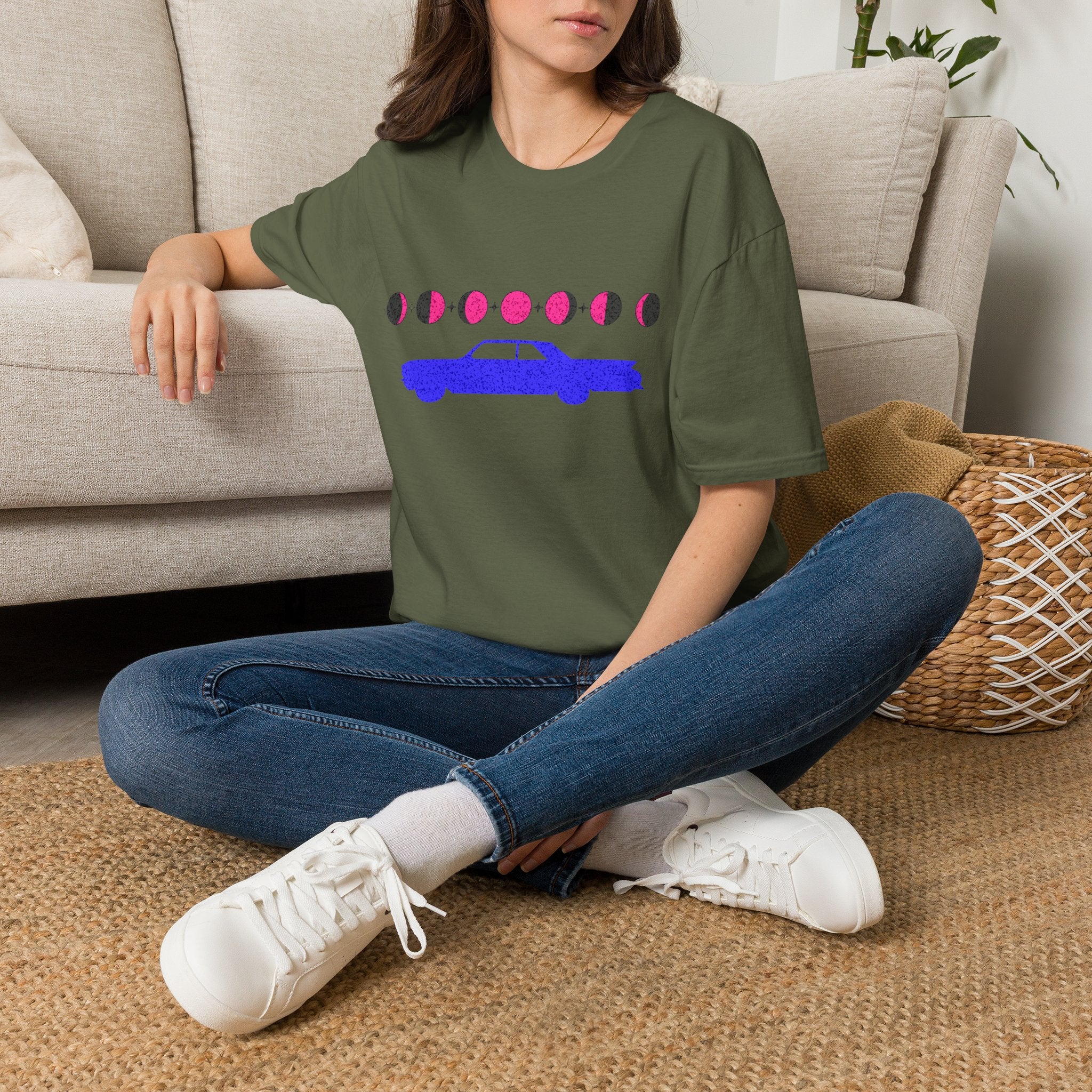 Retro Moon Phase Car T‑Shirt — Blue Classic Car with Pink Moon Phases
