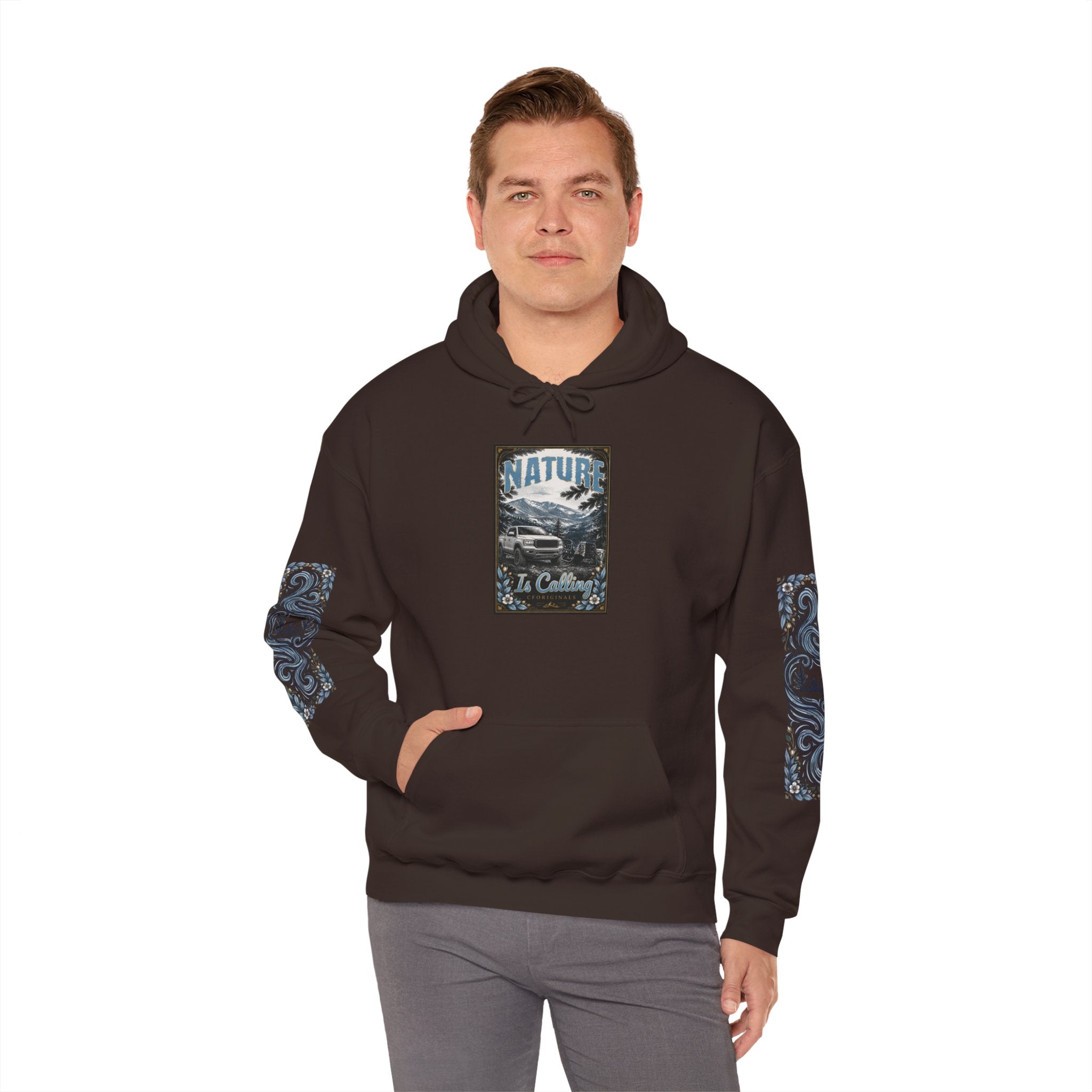 Nature Is Calling Hoodie — Scenic Mountain Graphic Hooded Sweatshirt with Sleeve Paisley Art