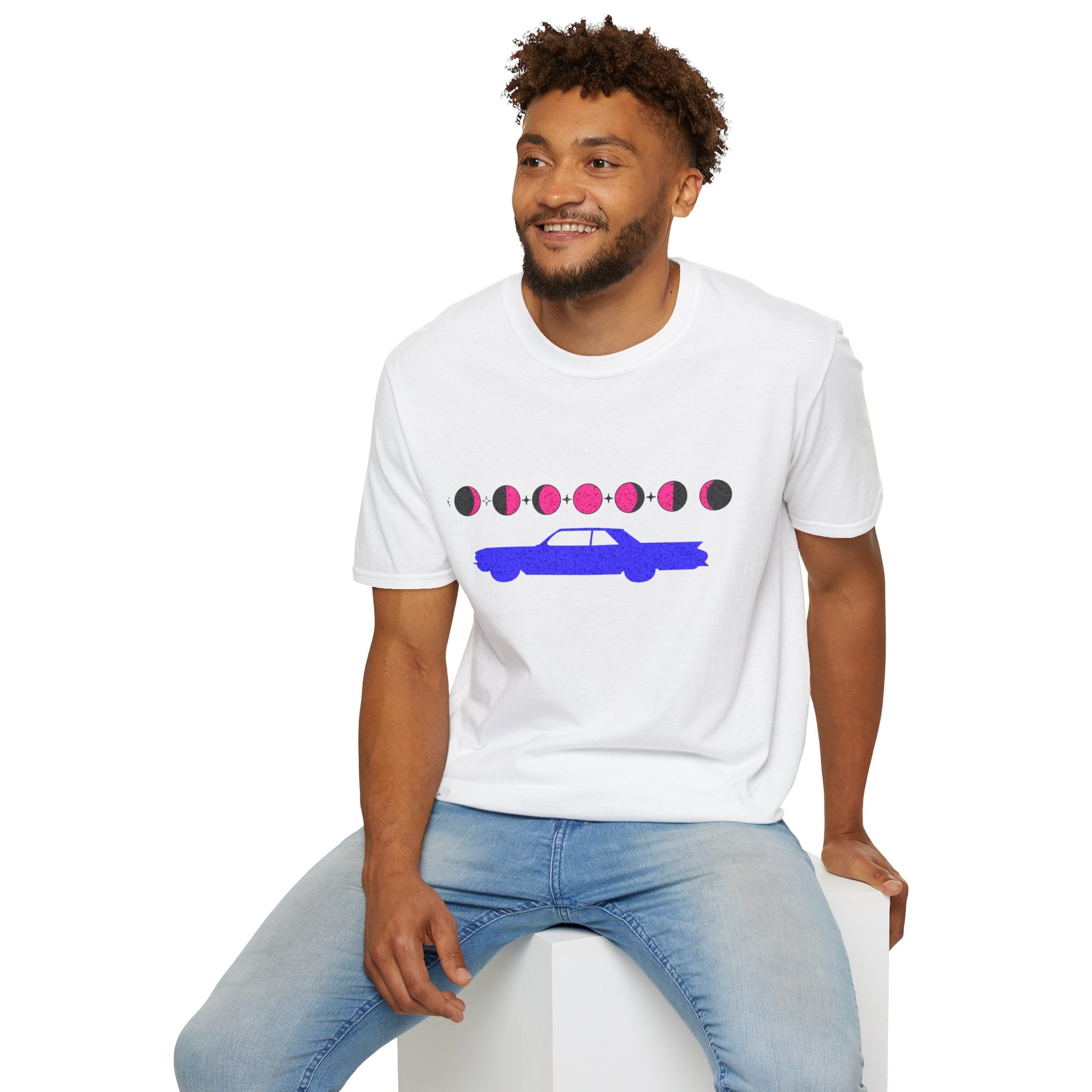 Retro Moon Phase Car T‑Shirt — Blue Classic Car with Pink Moon Phases