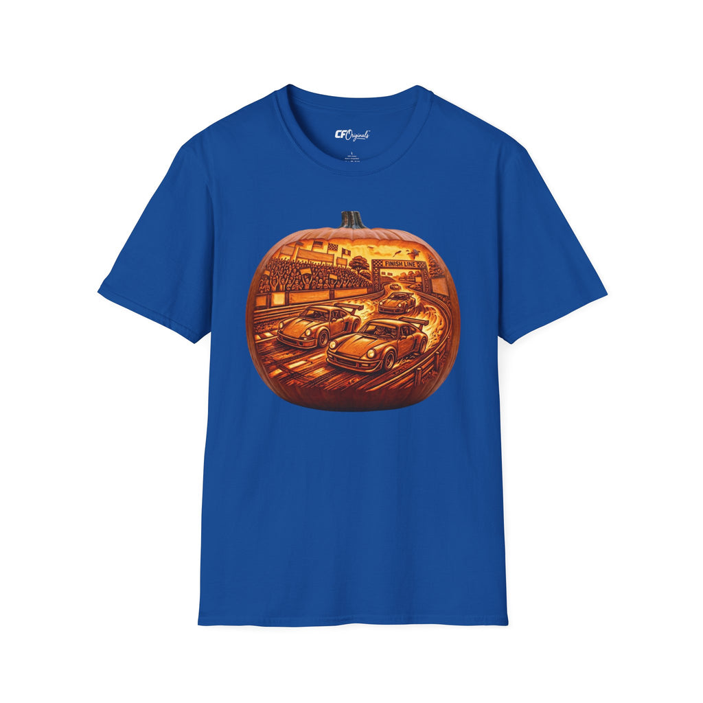 Vintage Racing Pumpkin T-Shirt — Retro Car Grand Prix Halloween Tee