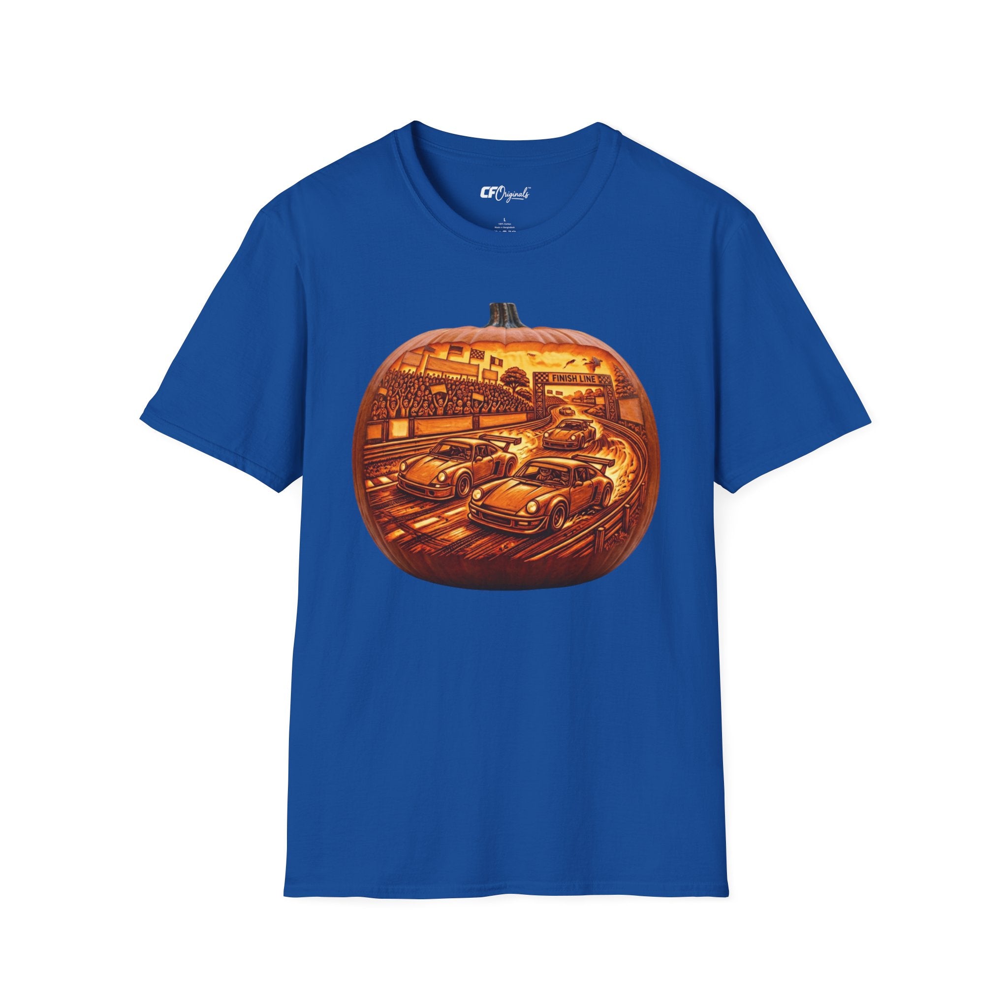 Vintage Racing Pumpkin T-Shirt — Retro Car Grand Prix Halloween Tee