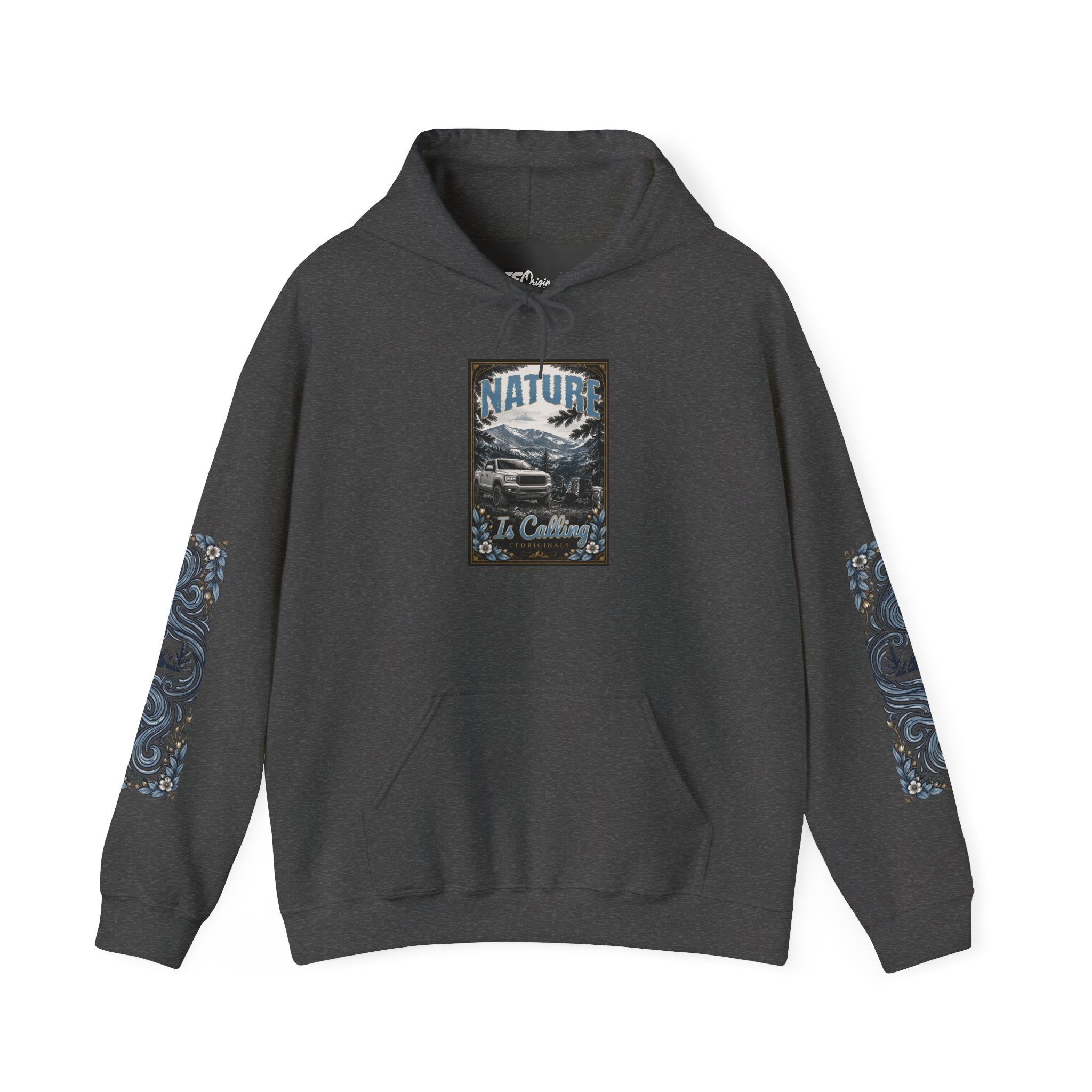 Nature Is Calling Hoodie — Scenic Mountain Graphic Hooded Sweatshirt with Sleeve Paisley Art