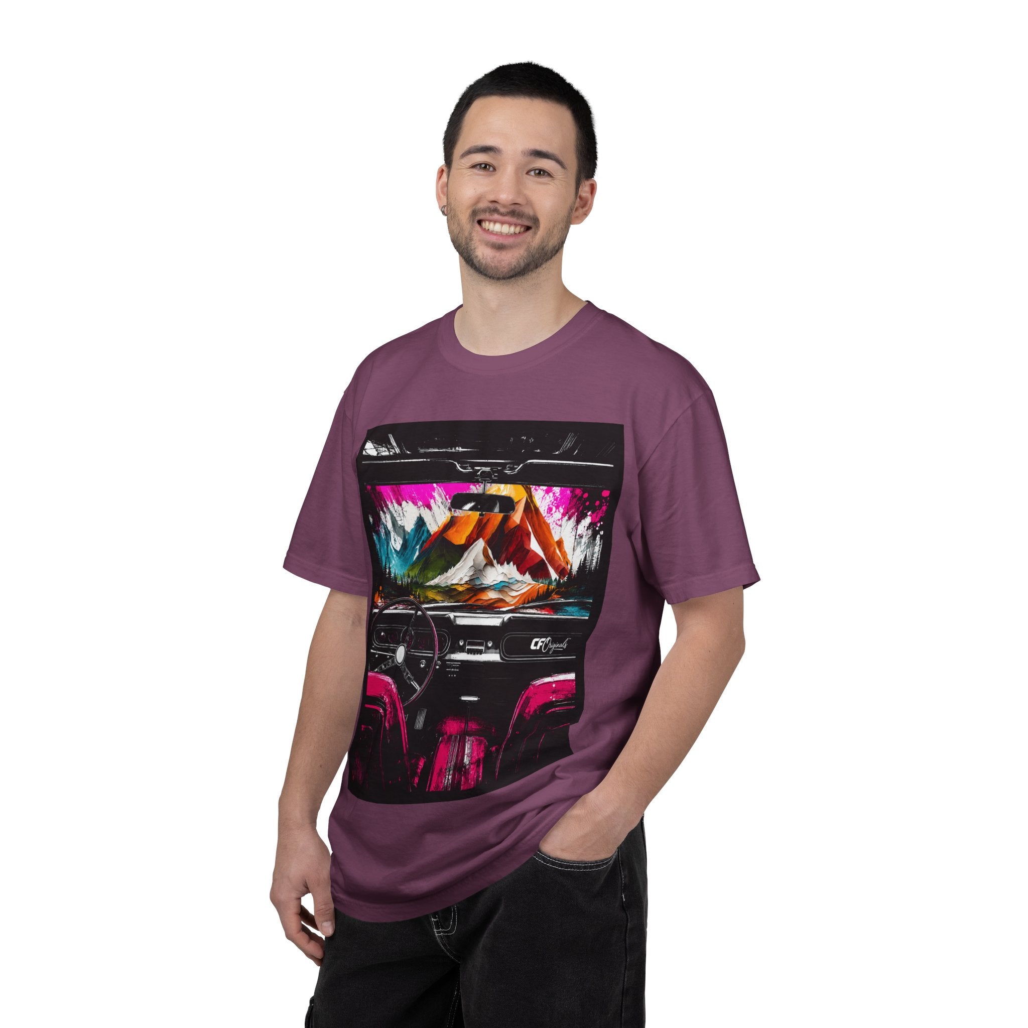 CarFits.store Big Prints T-Shirt — Retro Engine & Scenic Drive