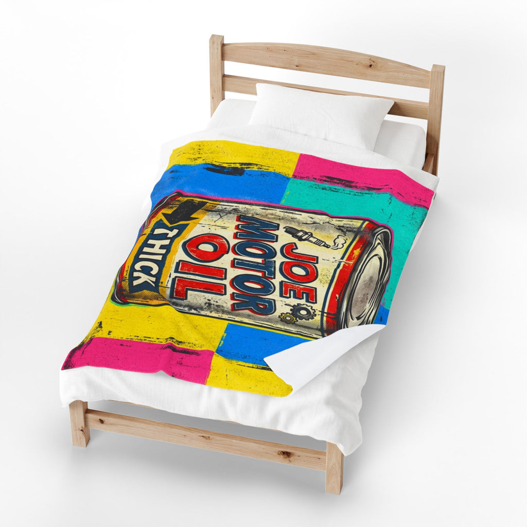 Pop Art Motor Oil Can Velveteen Plush Blanket — Retro Garage Throw