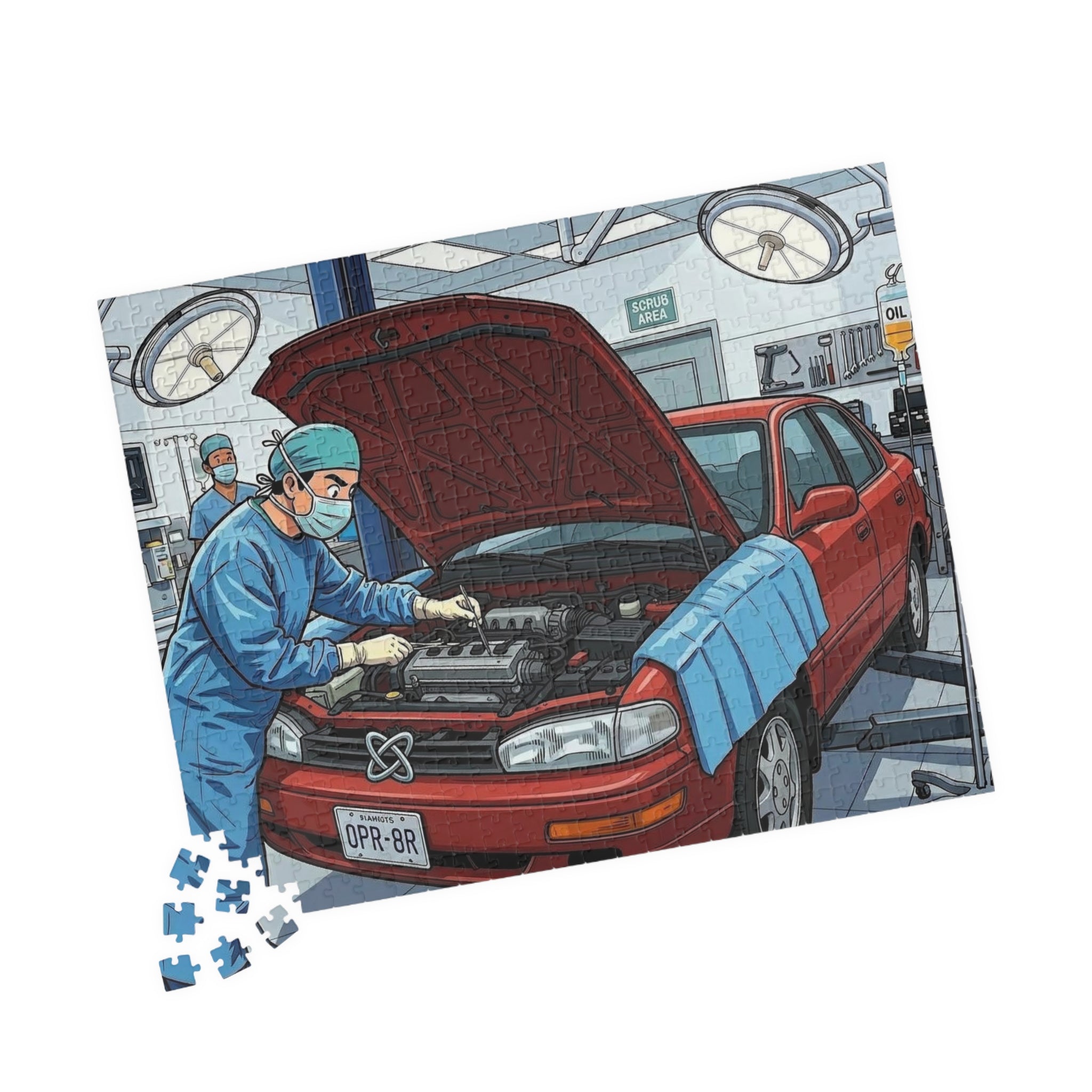 Car Surgery Operation Puzzle — Automotive Repair Illustration Jigsaw (110/252/520/1014 pcs)