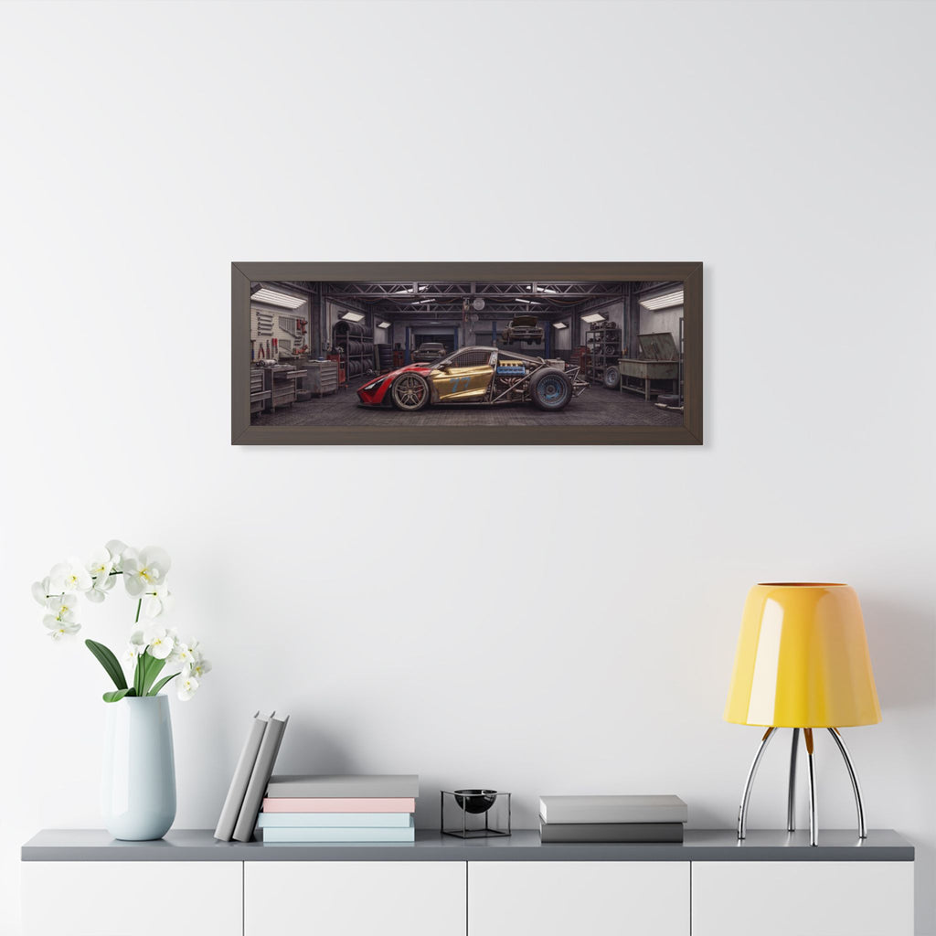 Framed Horizontal Poster — Retro Race Car Garage Print