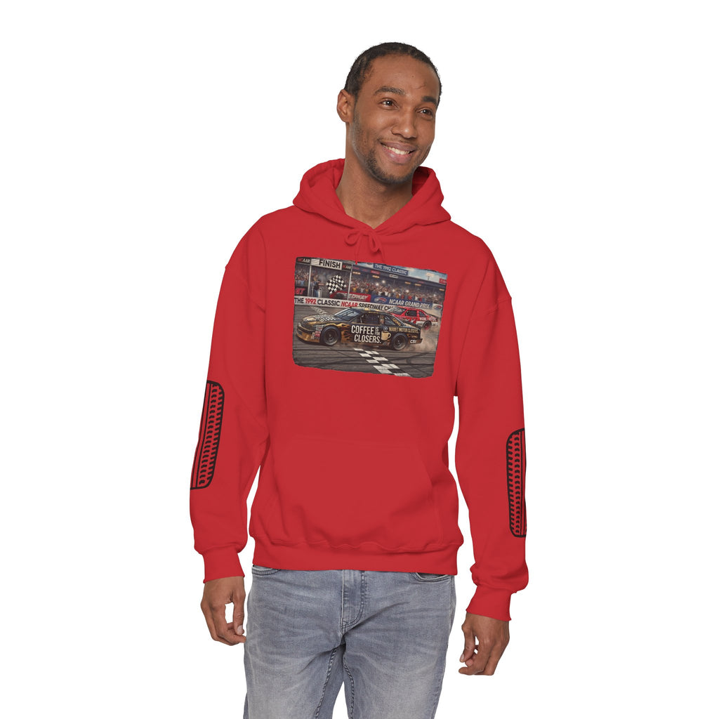 Racing Garage Hooded Sweatshirt — Vintage Racecar Track Scene