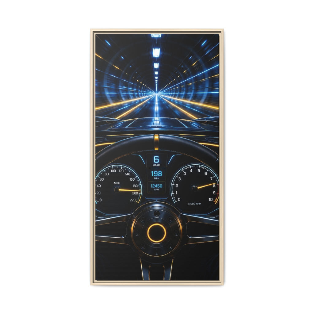 Tunnel Drive Framed Canvas Print — Retro Futuristic Car Dashboard Wall Art
