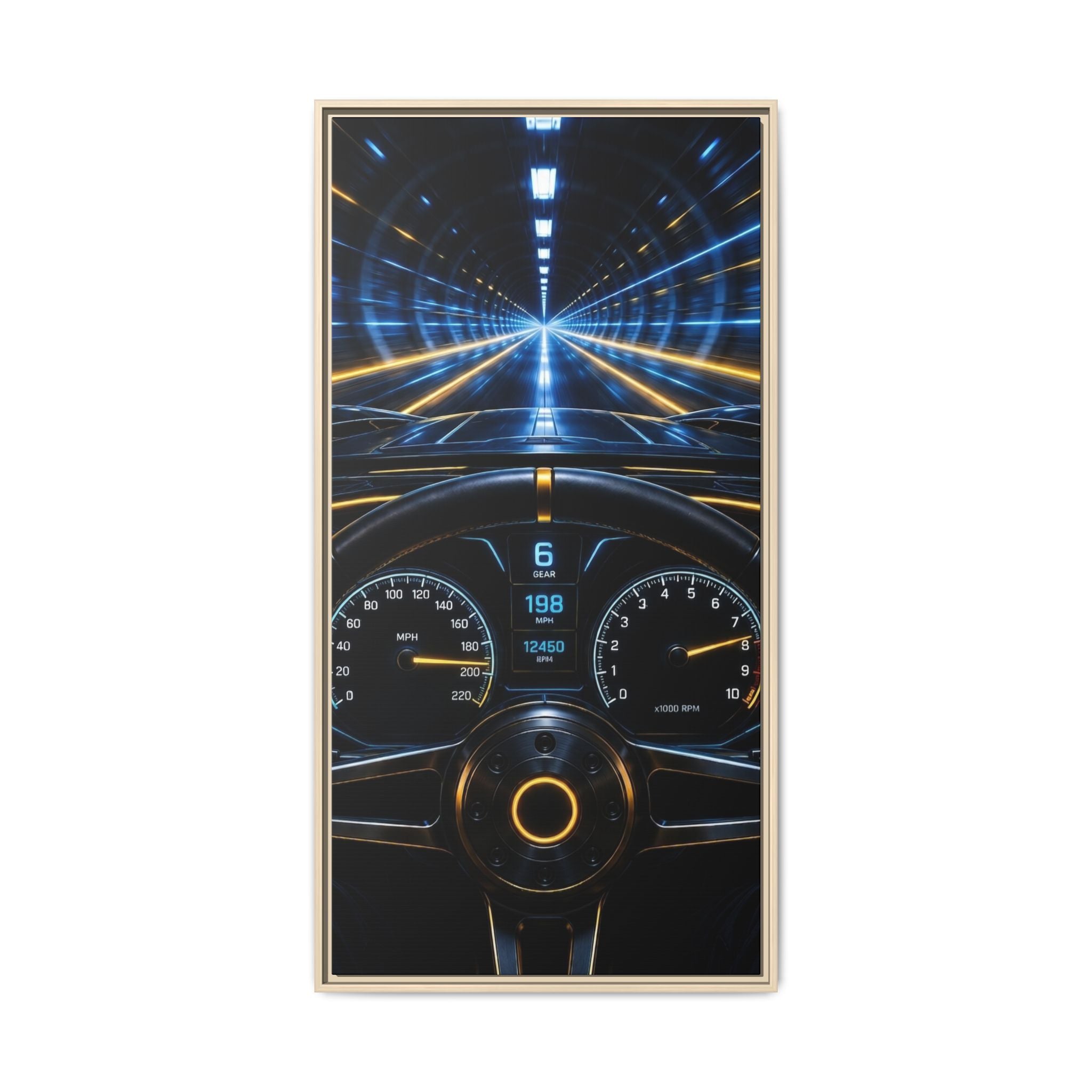Tunnel Drive Framed Canvas Print — Retro Futuristic Car Dashboard Wall Art
