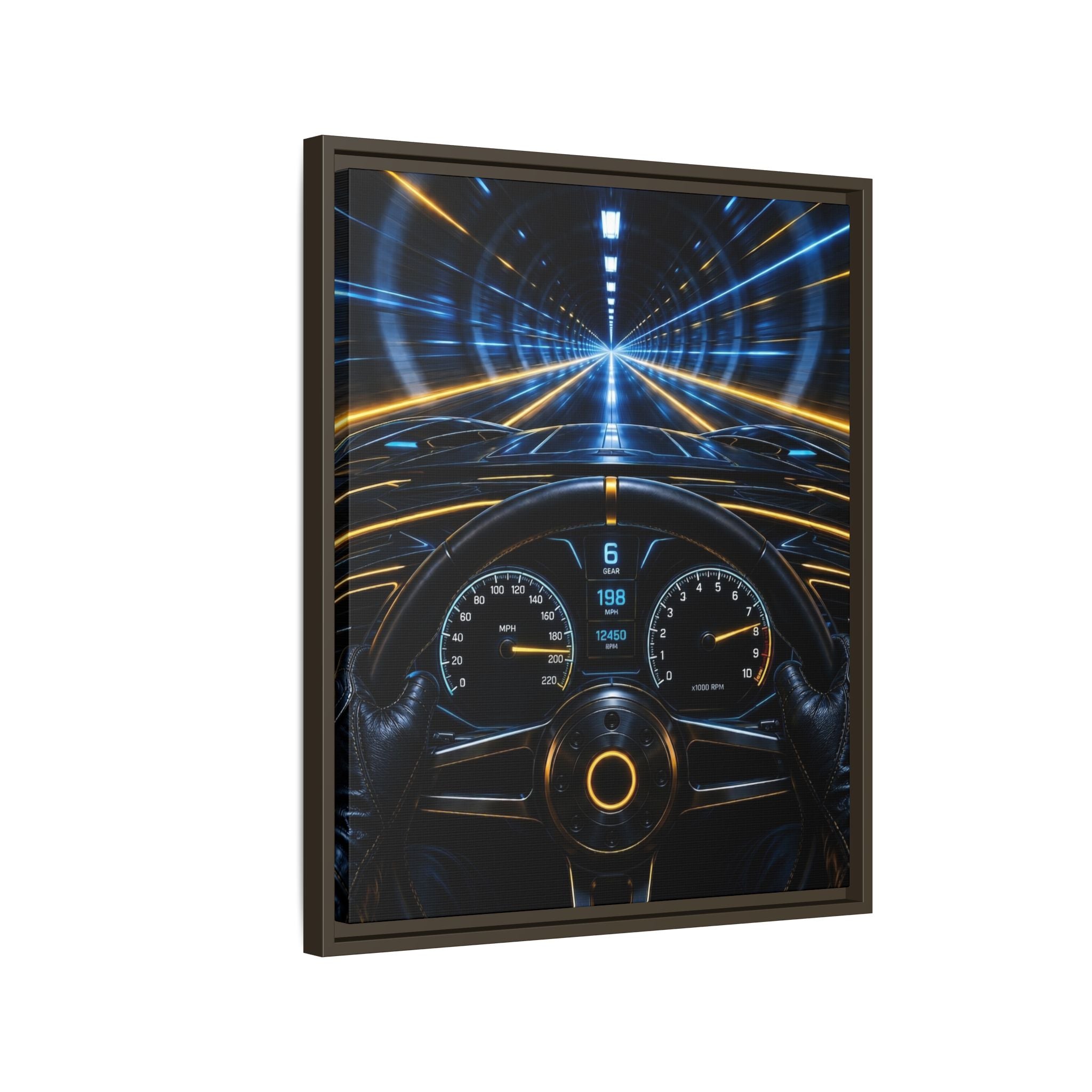 Tunnel Drive Framed Canvas Print — Retro Futuristic Car Dashboard Wall Art