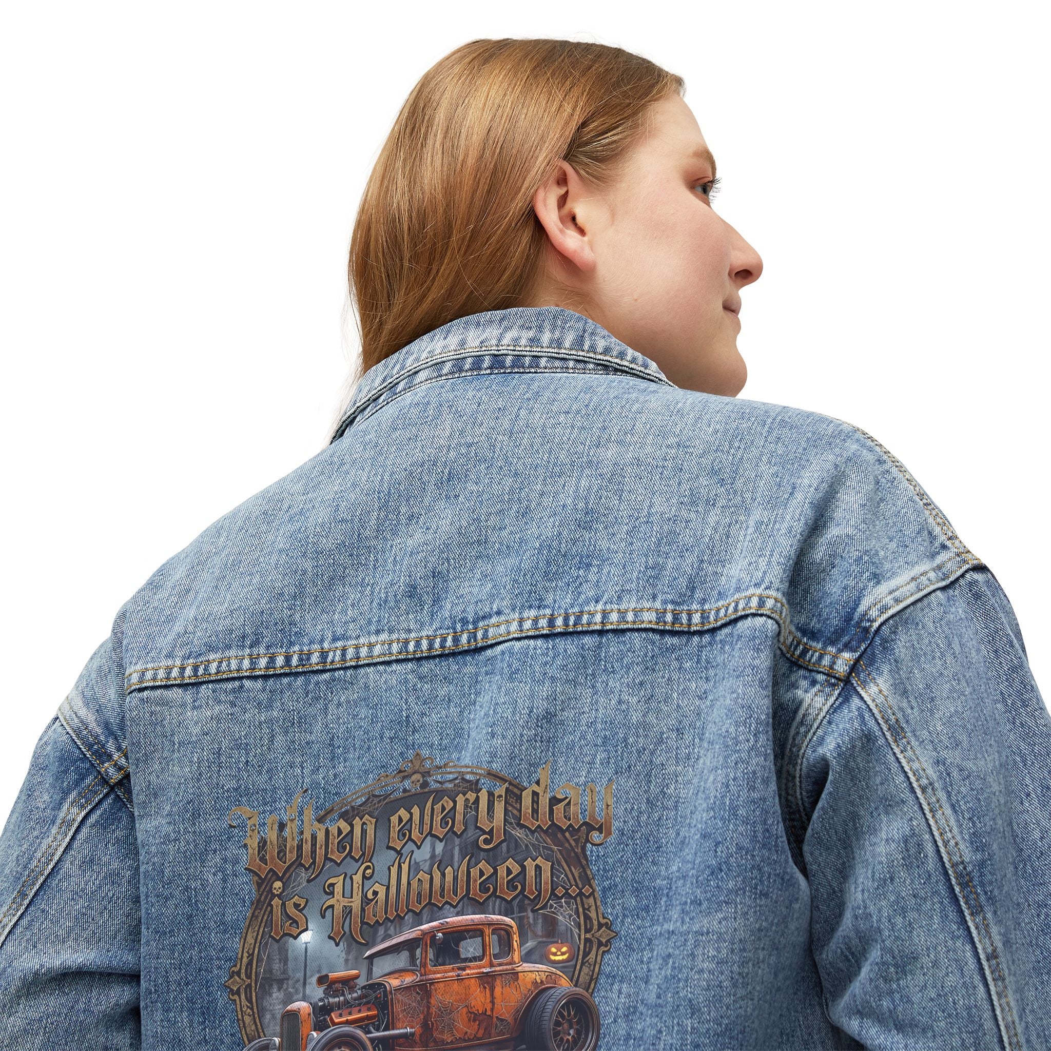Women's Denim Jacket — 'When Every Day Is Halloween' Vintage Car Back Print
