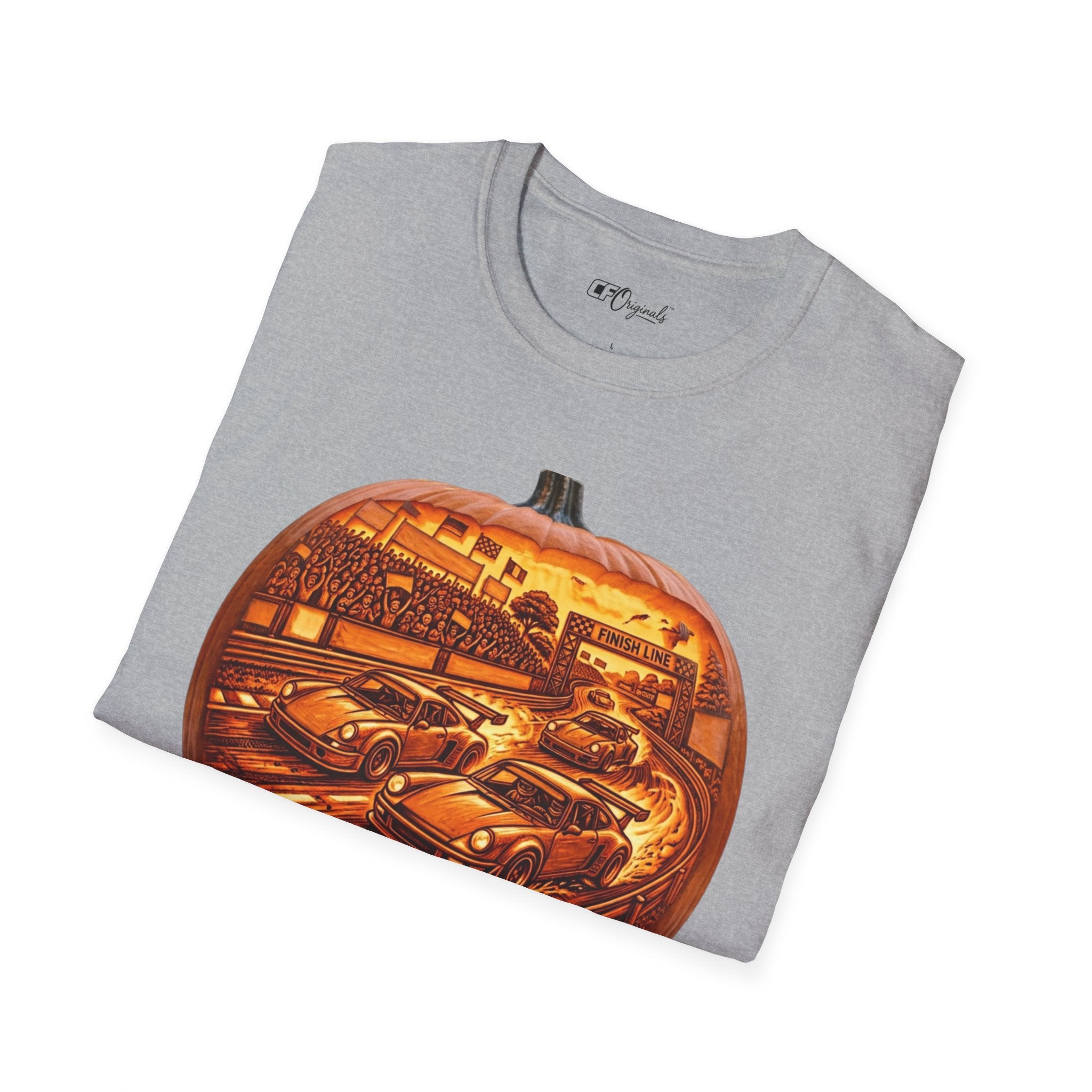 Vintage Racing Pumpkin T-Shirt — Retro Car Grand Prix Halloween Tee