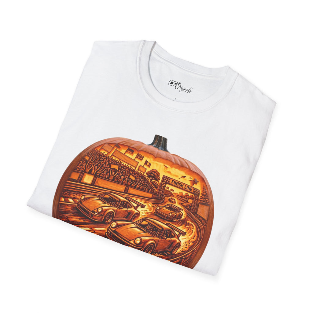 Vintage Racing Pumpkin T-Shirt — Retro Car Grand Prix Halloween Tee