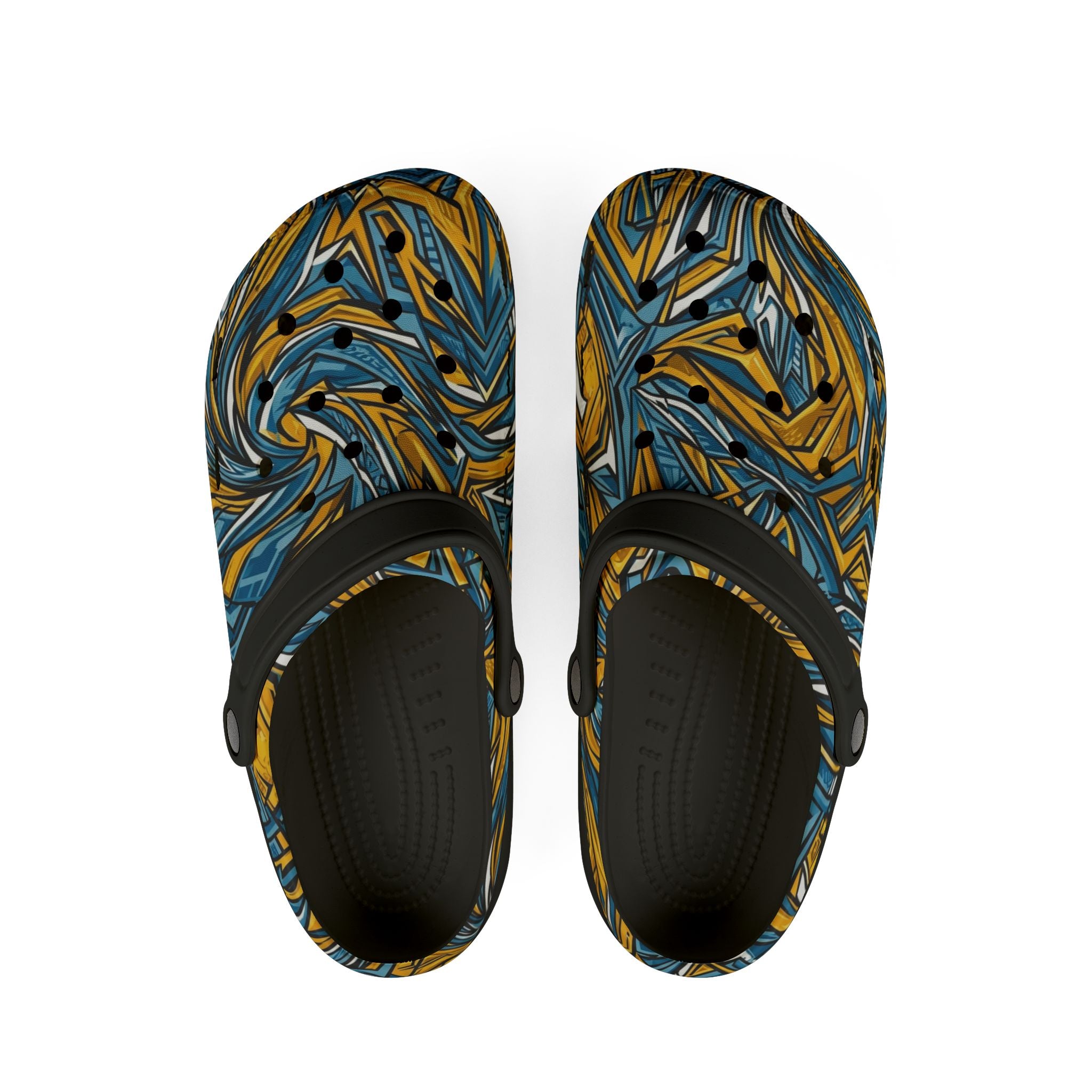 Abstract Blue & Gold EVA Foam Clogs — Slip-On Comfort