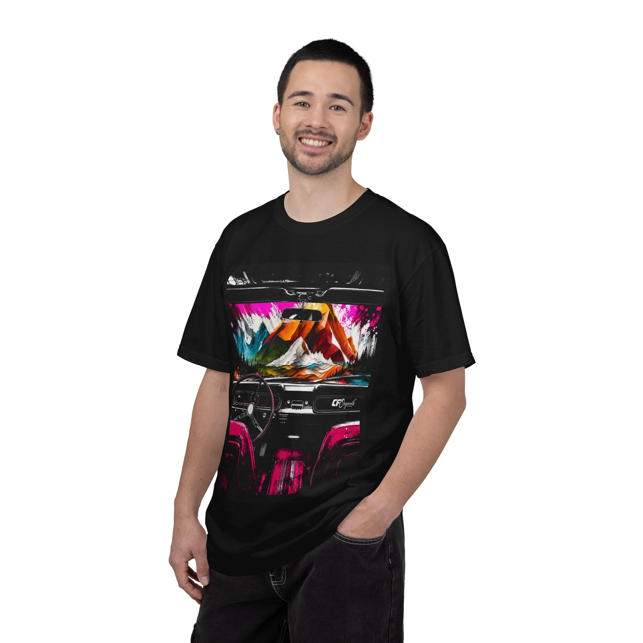 CarFits.store Big Prints T-Shirt — Retro Engine & Scenic Drive