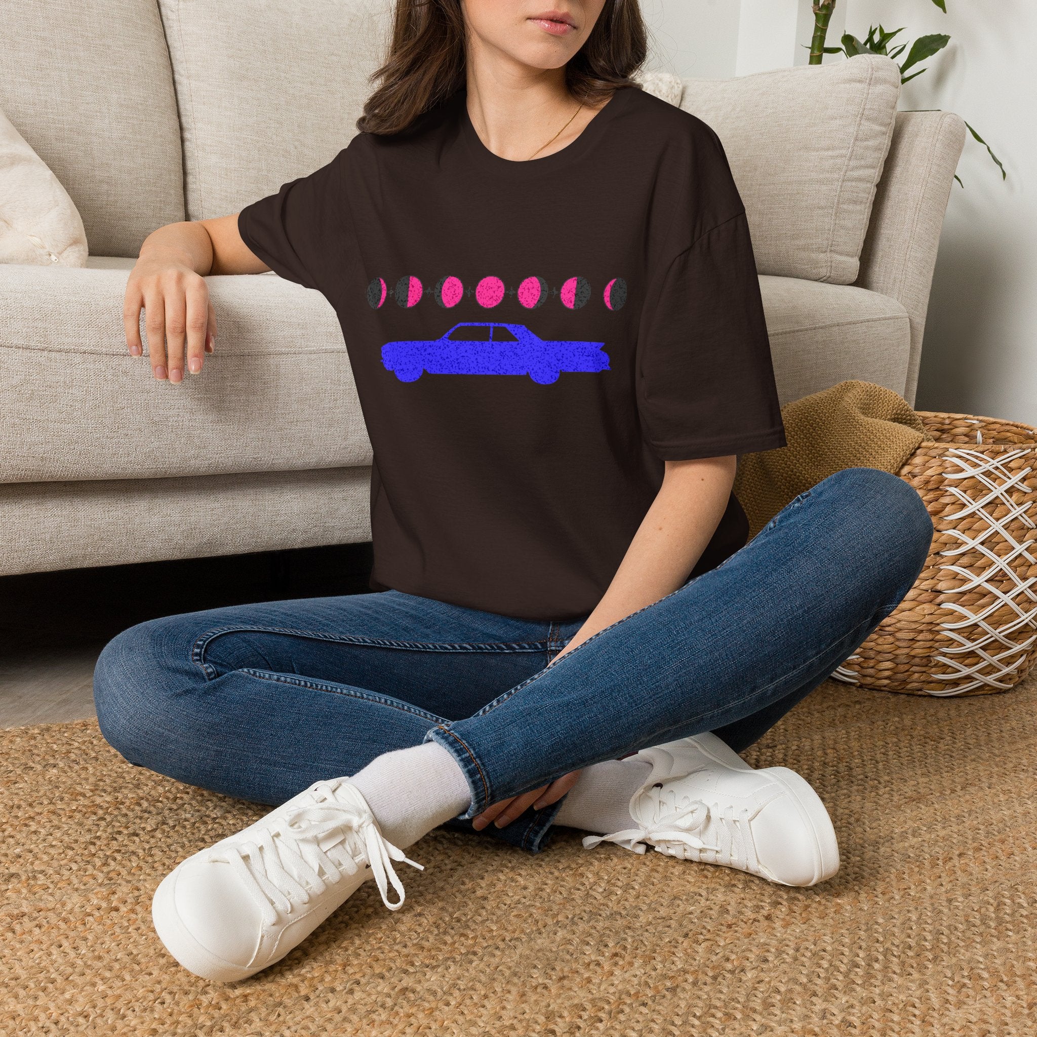 Retro Moon Phase Car T‑Shirt — Blue Classic Car with Pink Moon Phases