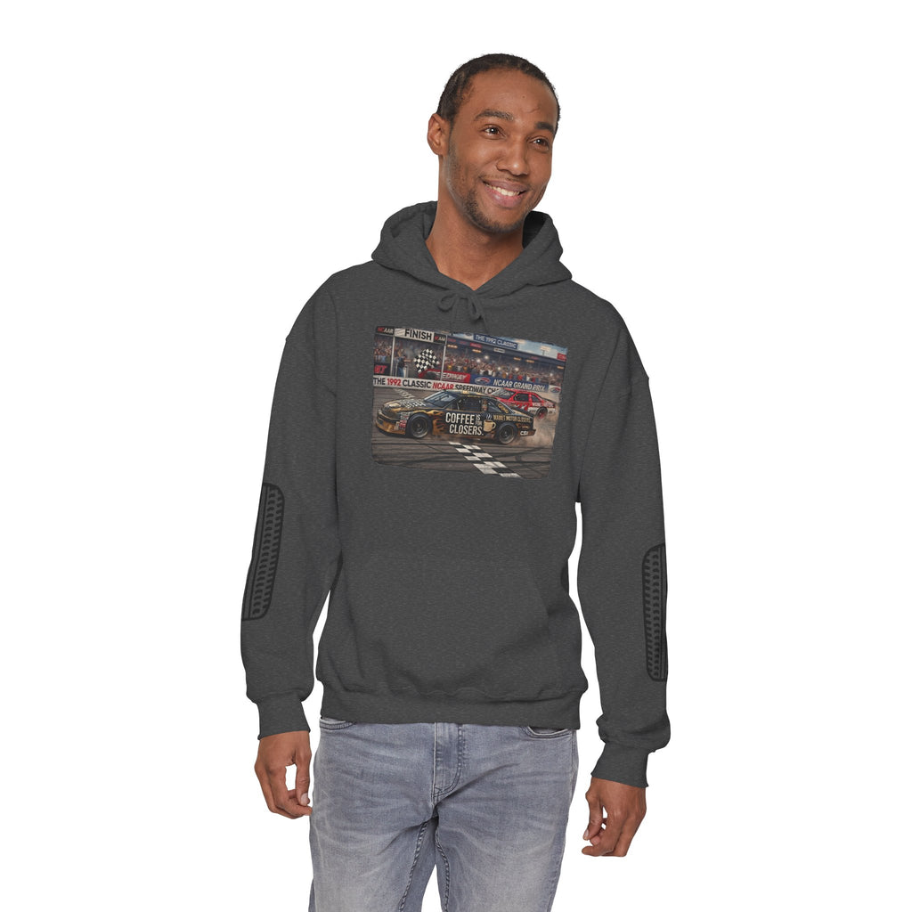 Racing Garage Hooded Sweatshirt — Vintage Racecar Track Scene