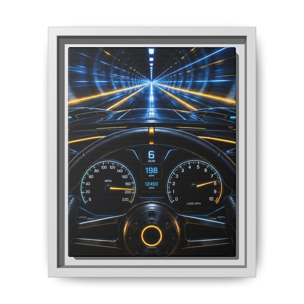 Tunnel Drive Framed Canvas Print — Retro Futuristic Car Dashboard Wall Art