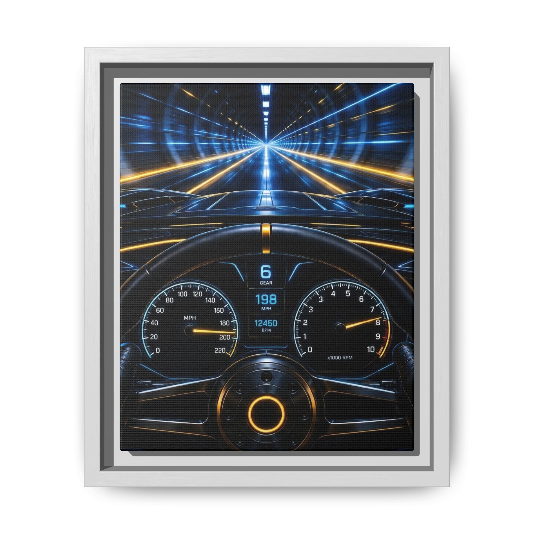 Tunnel Drive Framed Canvas Print — Retro Futuristic Car Dashboard Wall Art