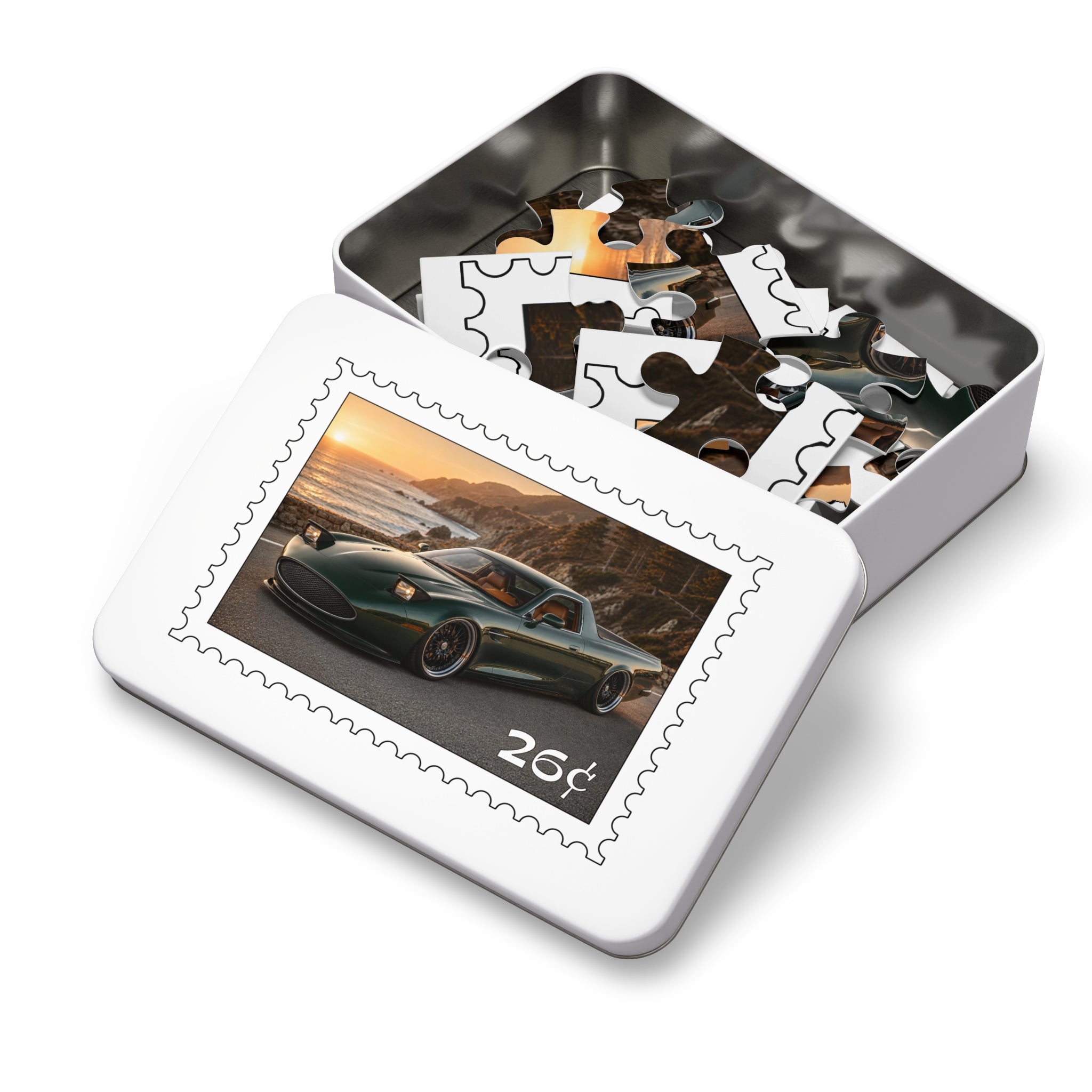 Sports Car Puzzle — Coastal Sunset 26 Stamp Design (Jigsaw with Tin)