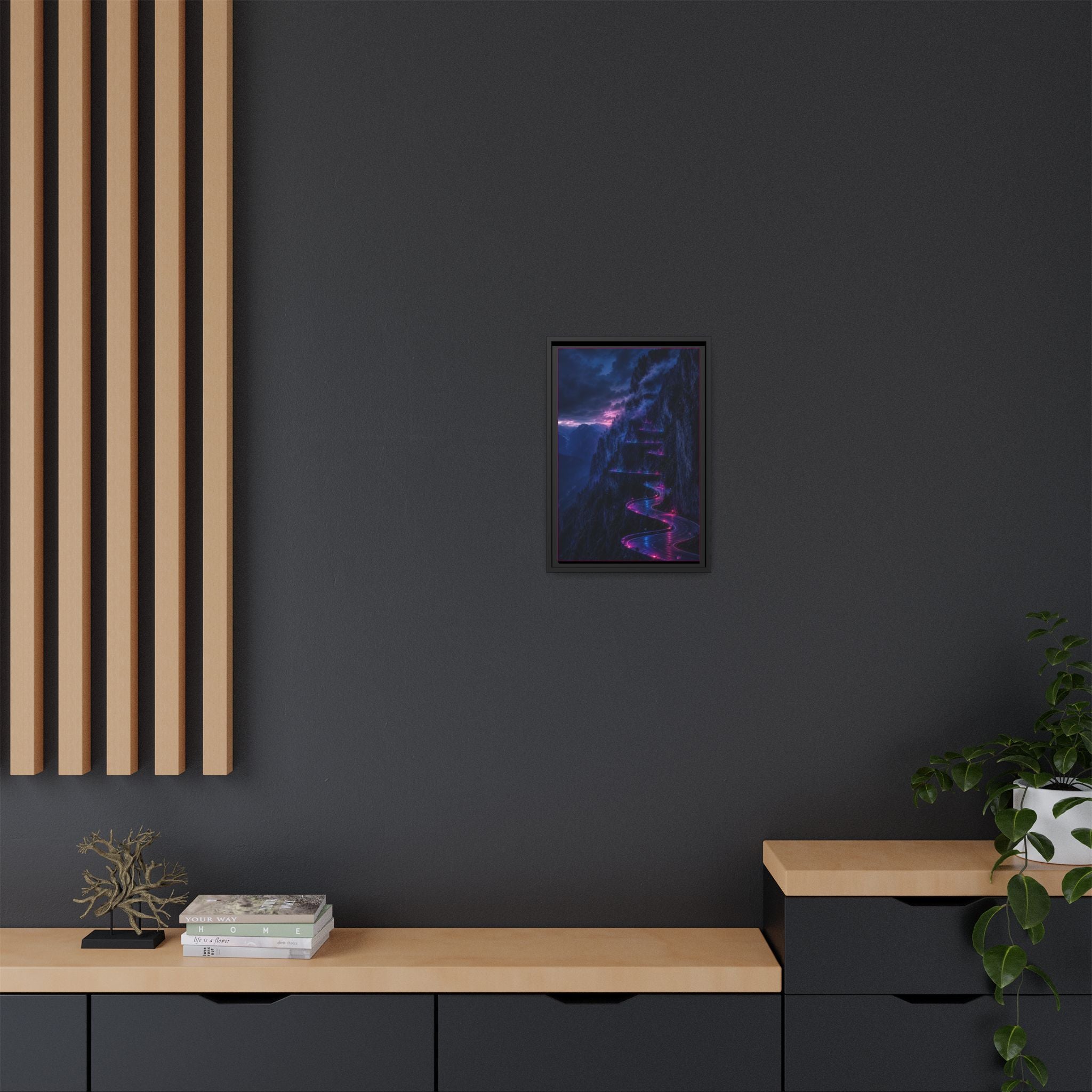Neon Mountain Road Matte Canvas Print — Framed Nightscape Wall Art
