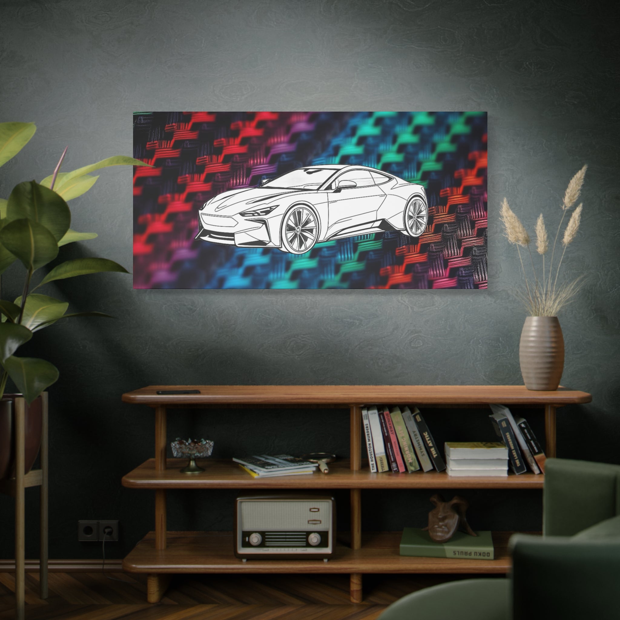 Modern Sports Car Canvas Wall Art – White Line Drawing on Rainbow Carbon Fiber Background