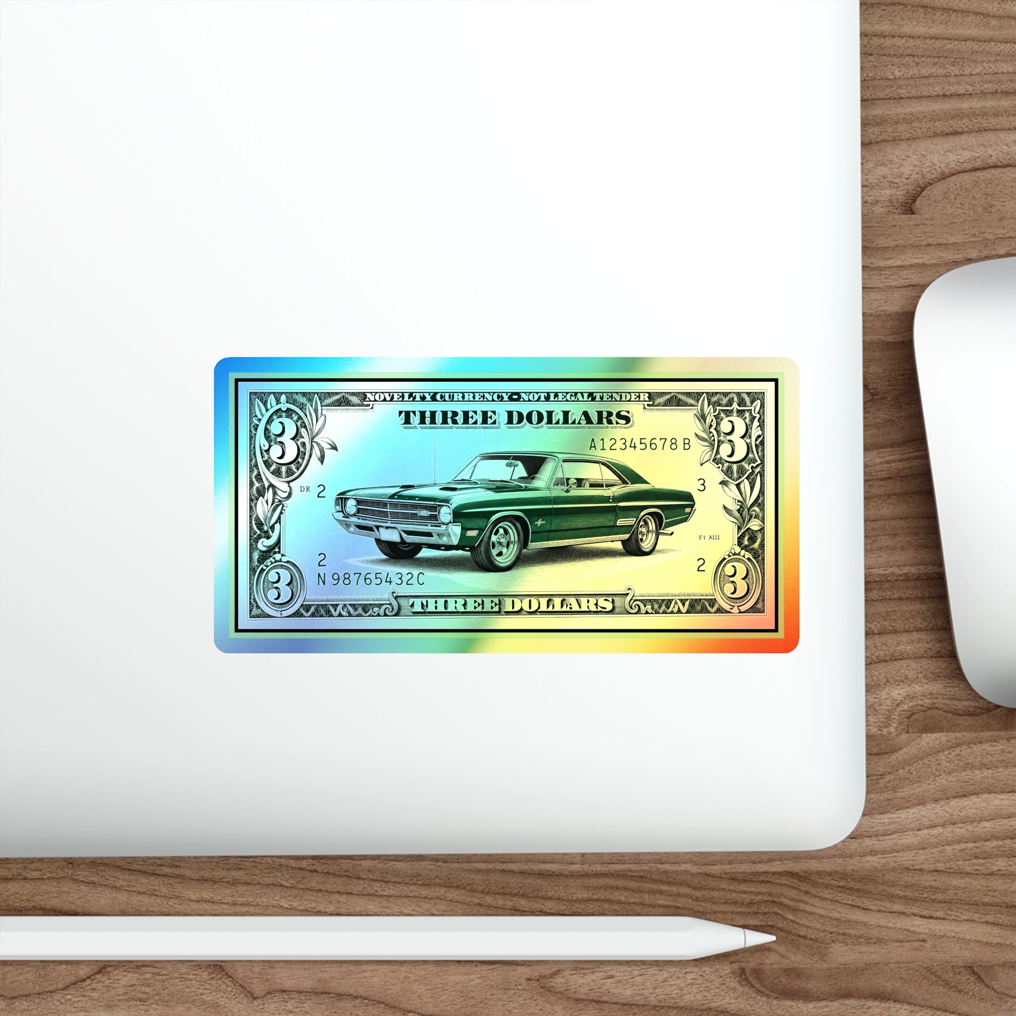Holographic Classic Car Dollar Sticker — Die-Cut Three Dollar Bill