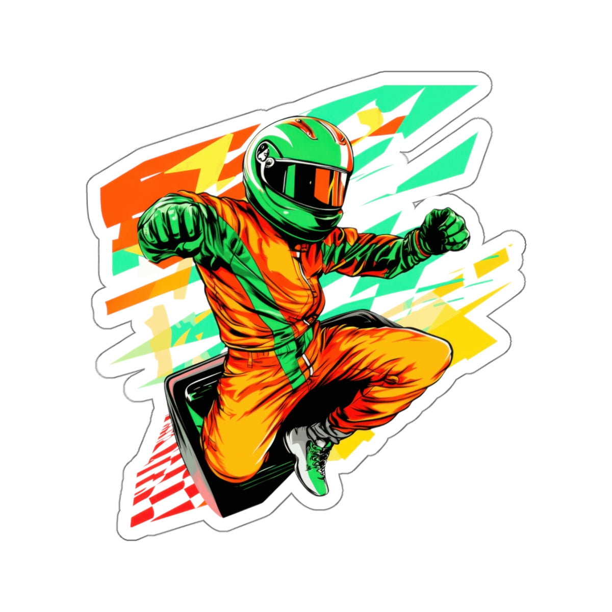 Racing Driver Die-Cut Sticker — Neon Moto Helmet Sticker for Laptops & Gear