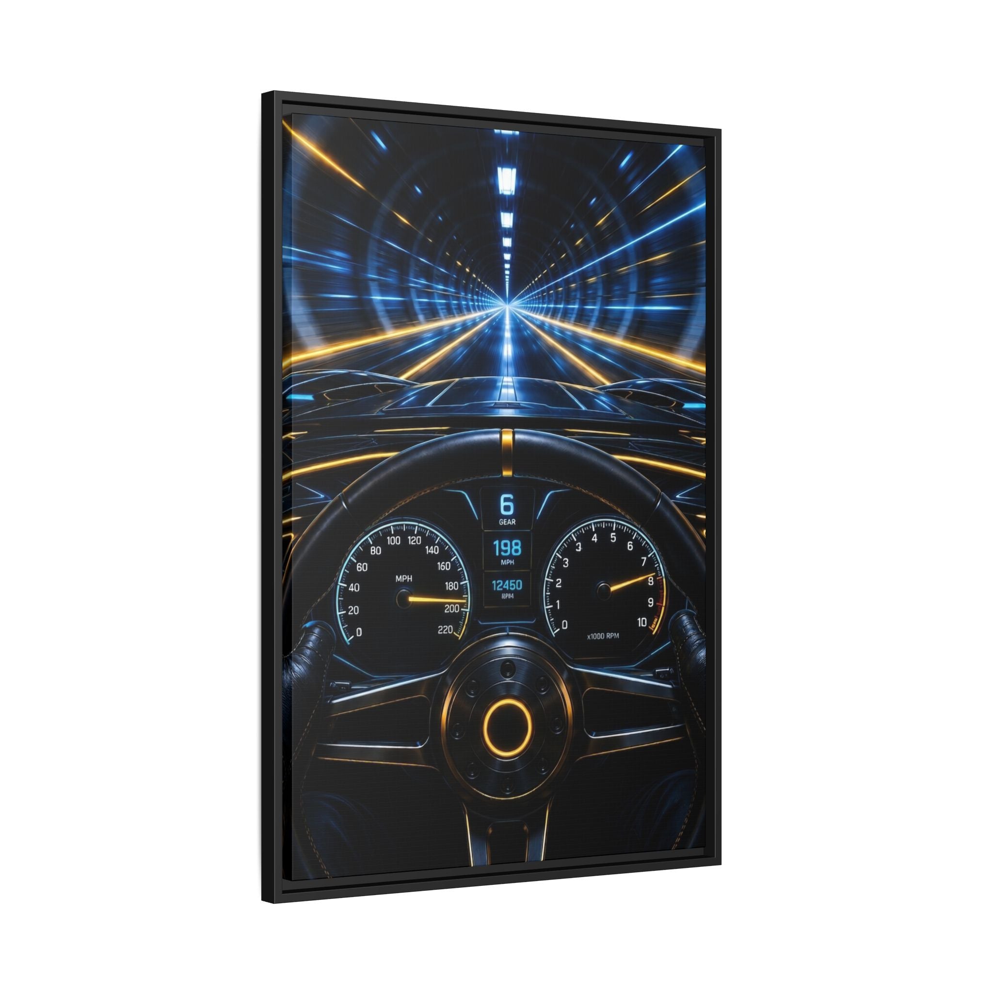 Tunnel Drive Framed Canvas Print — Retro Futuristic Car Dashboard Wall Art