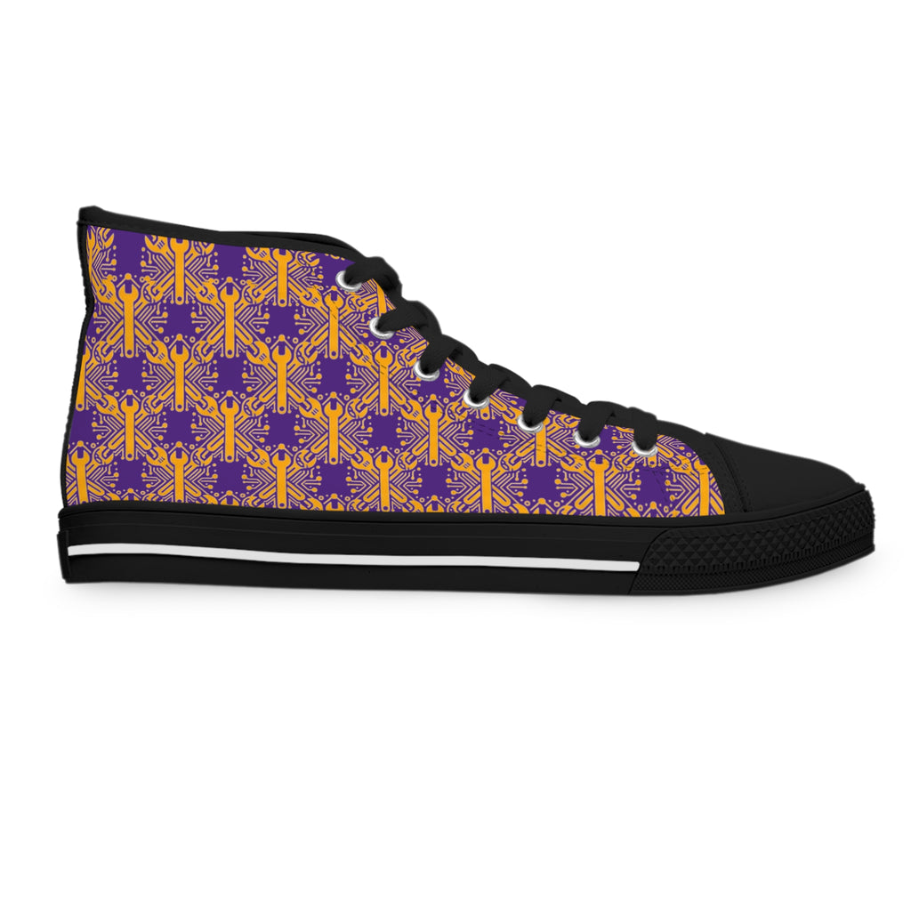 Purple and Gold Wrench High-Tops — Women's Patterned Canvas Shoes