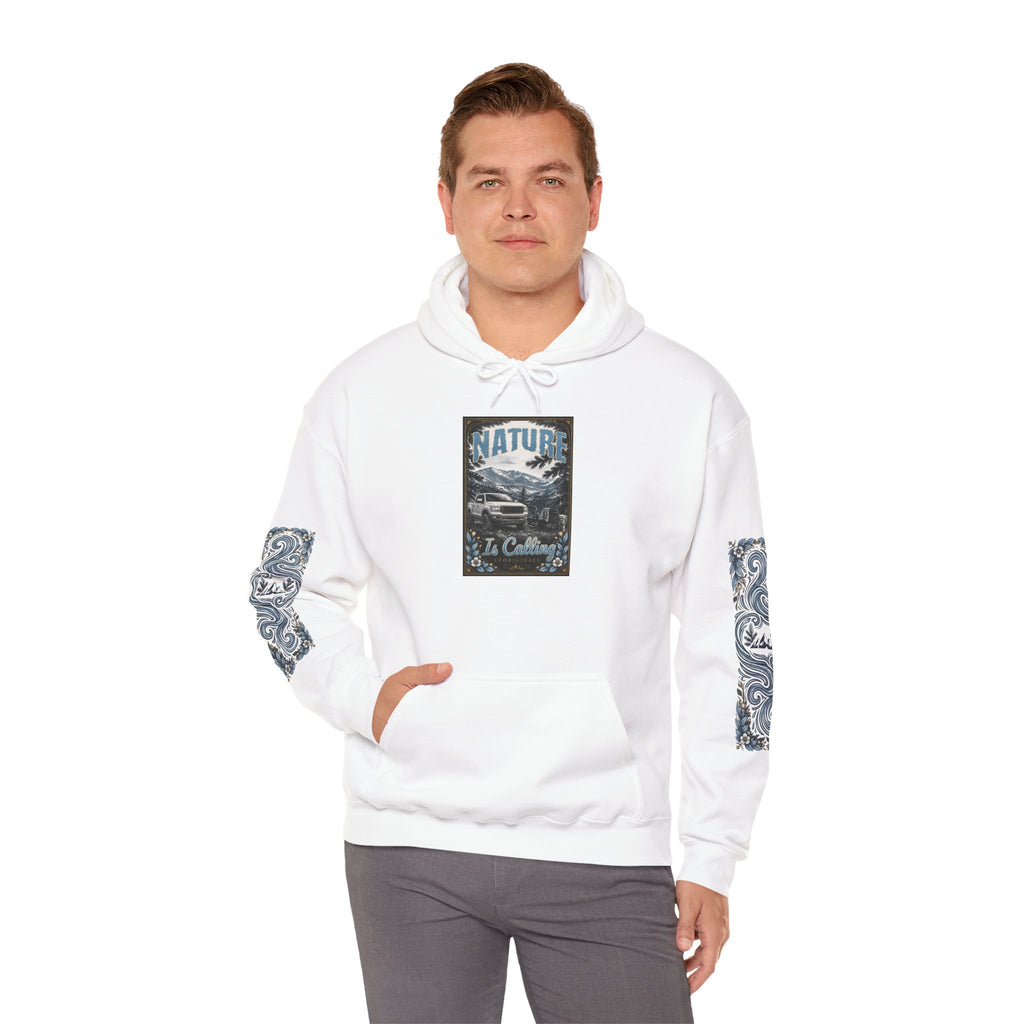 Nature Is Calling Hoodie — Scenic Mountain Graphic Hooded Sweatshirt with Sleeve Paisley Art