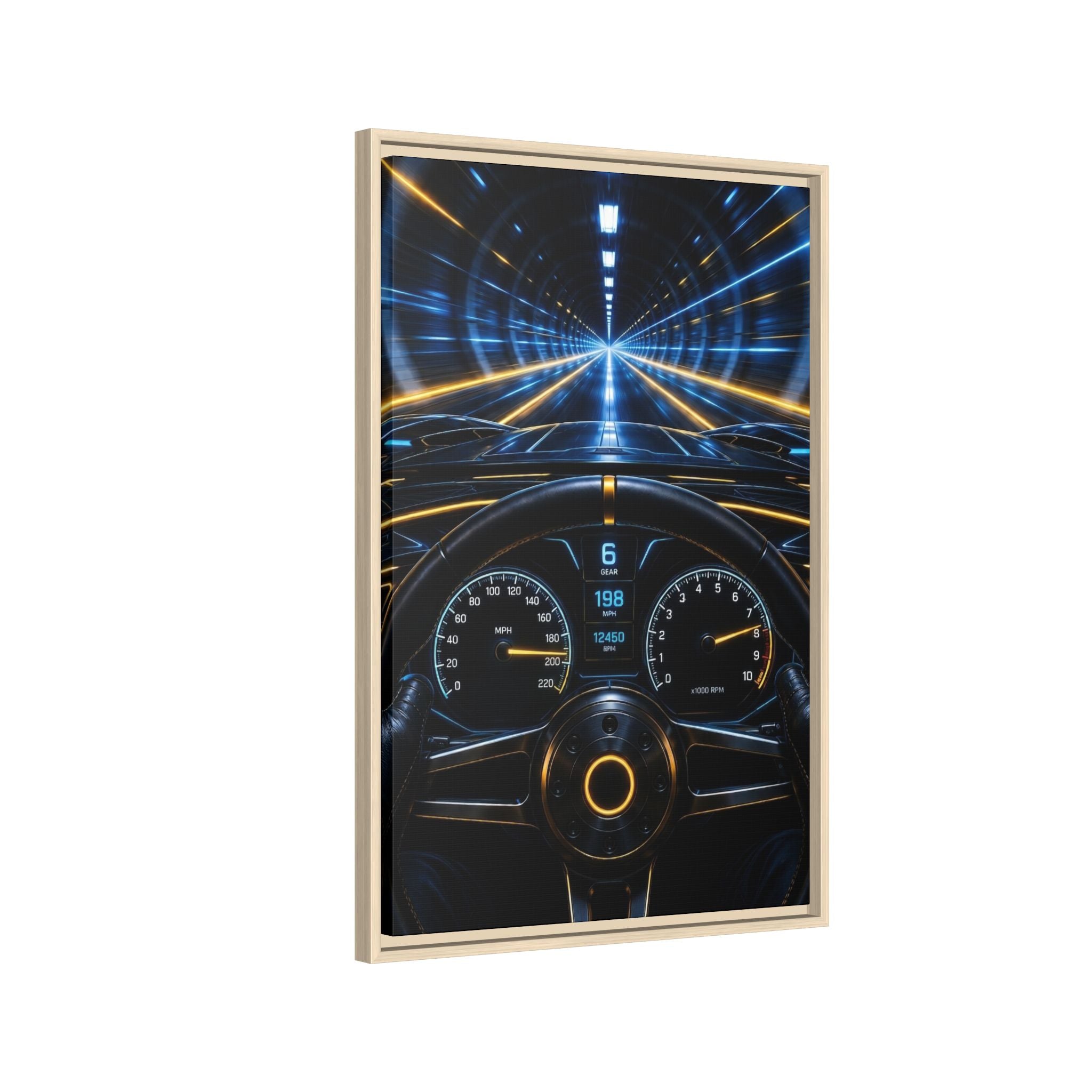 Tunnel Drive Framed Canvas Print — Retro Futuristic Car Dashboard Wall Art