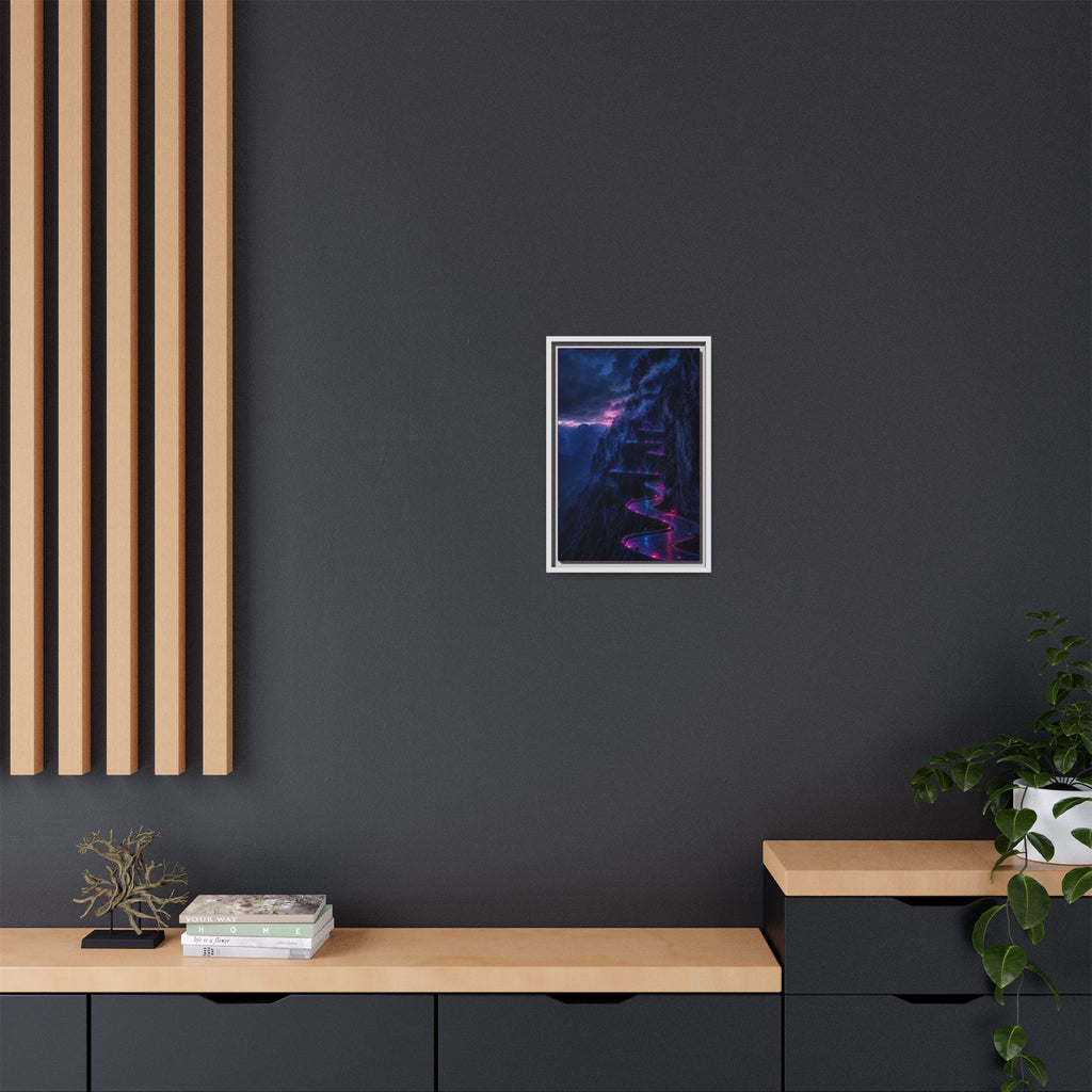 Neon Mountain Road Matte Canvas Print — Framed Nightscape Wall Art
