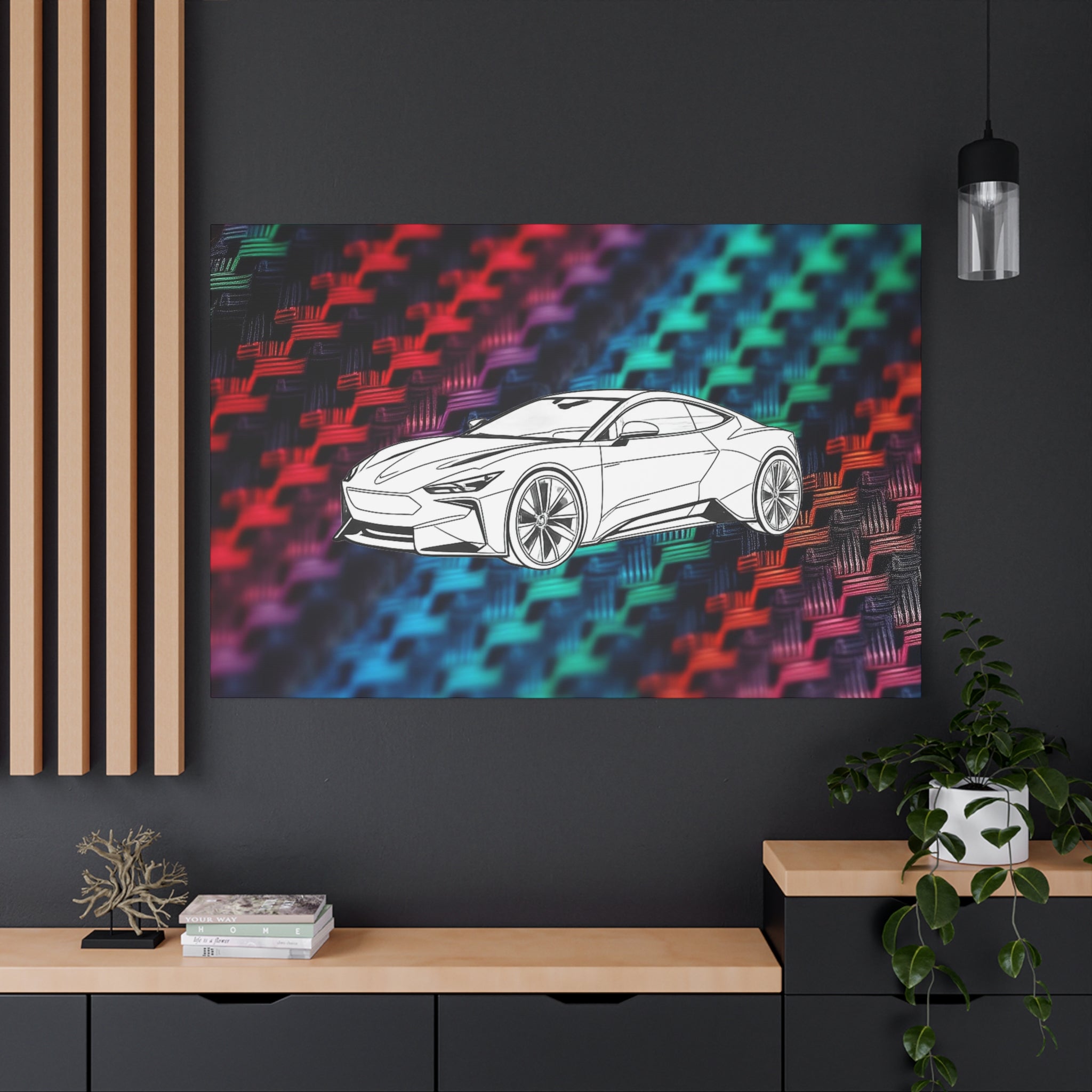 Modern Sports Car Canvas Wall Art – White Line Drawing on Rainbow Carbon Fiber Background